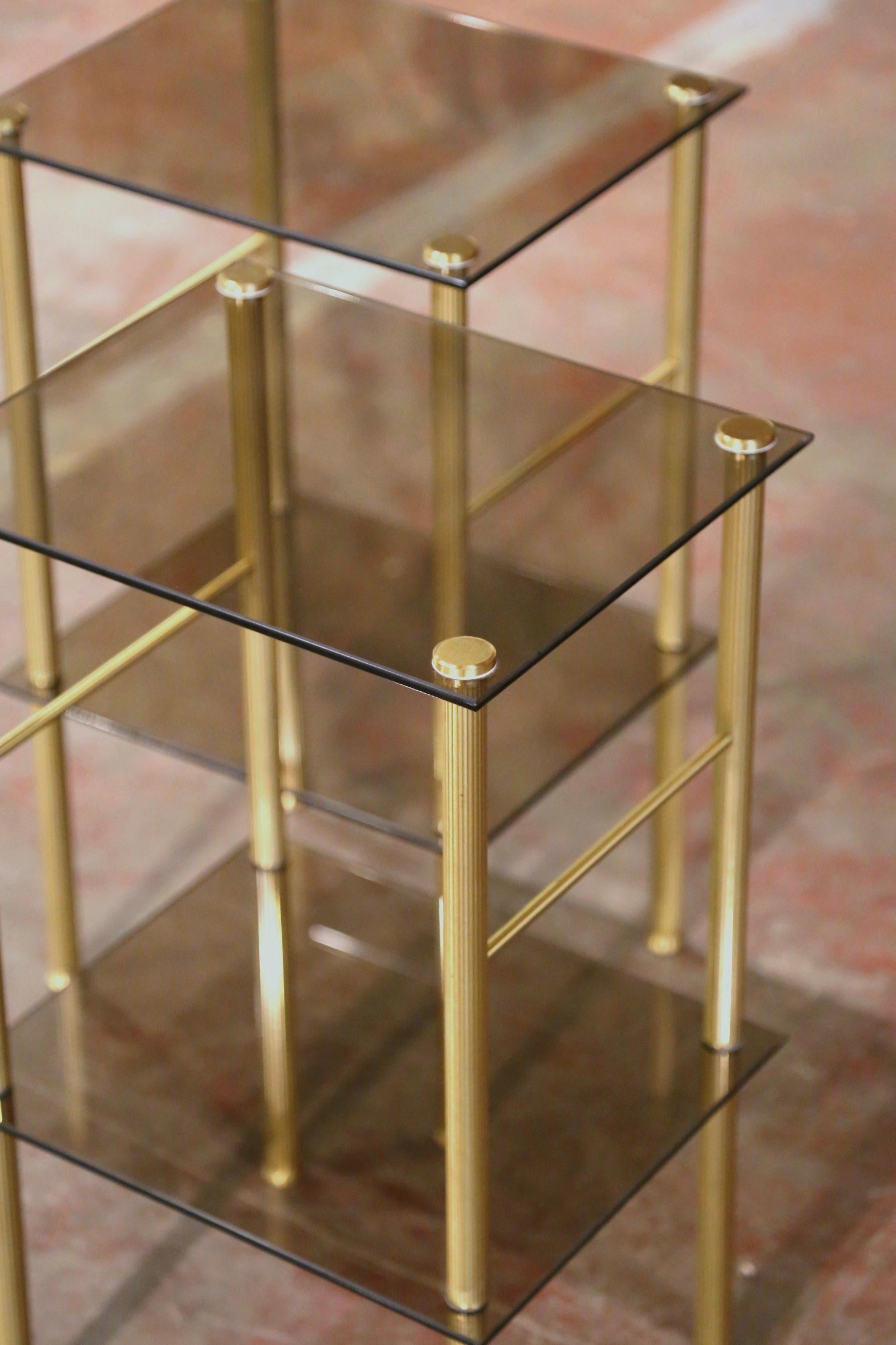 Art Deco Pair of Mid-Century French Brass and Tainted Glass Two-Tear Side Tables 