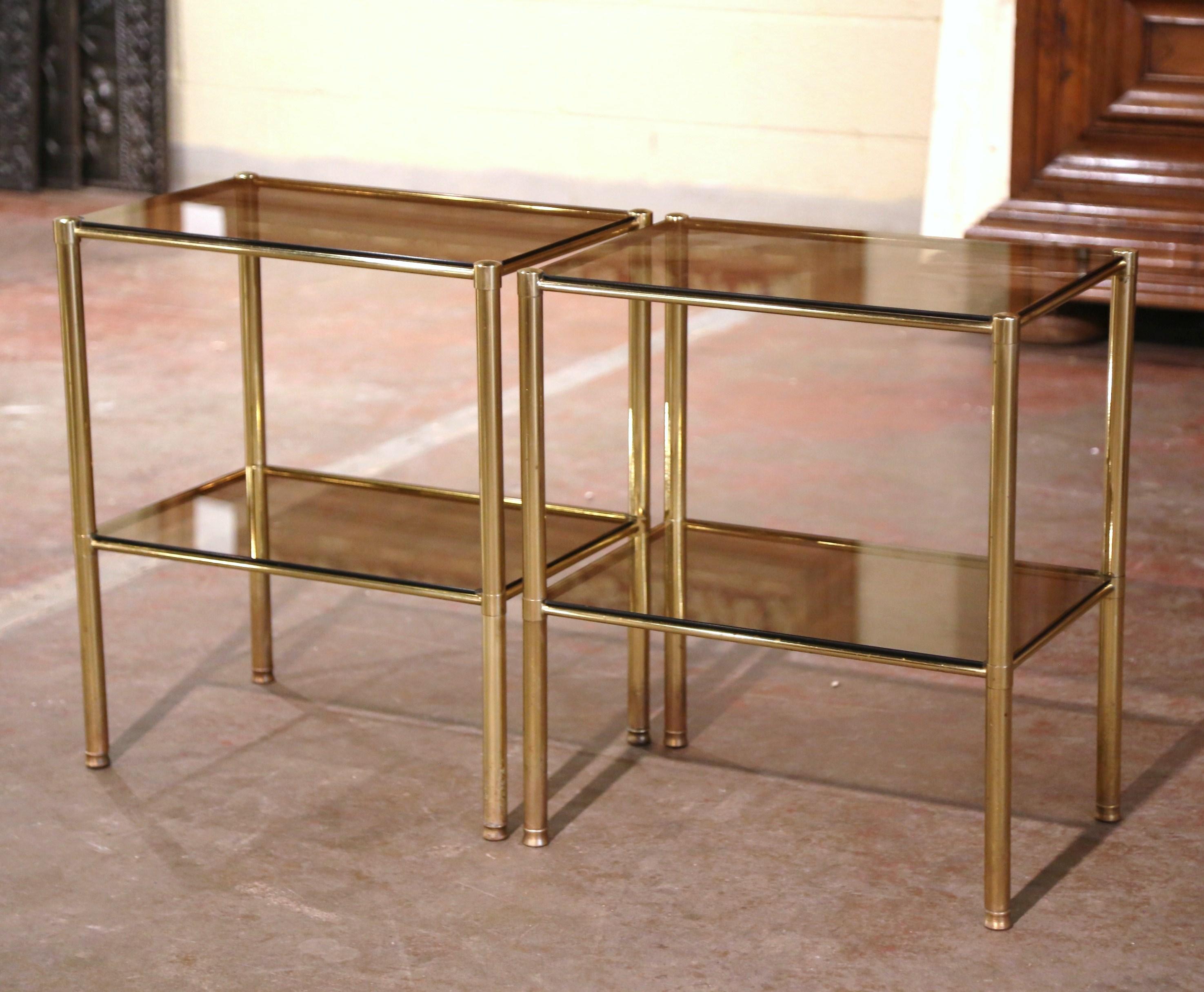 Art Deco Pair of Mid-Century French Brass and Tainted Glass Two-Tear Side Tables 