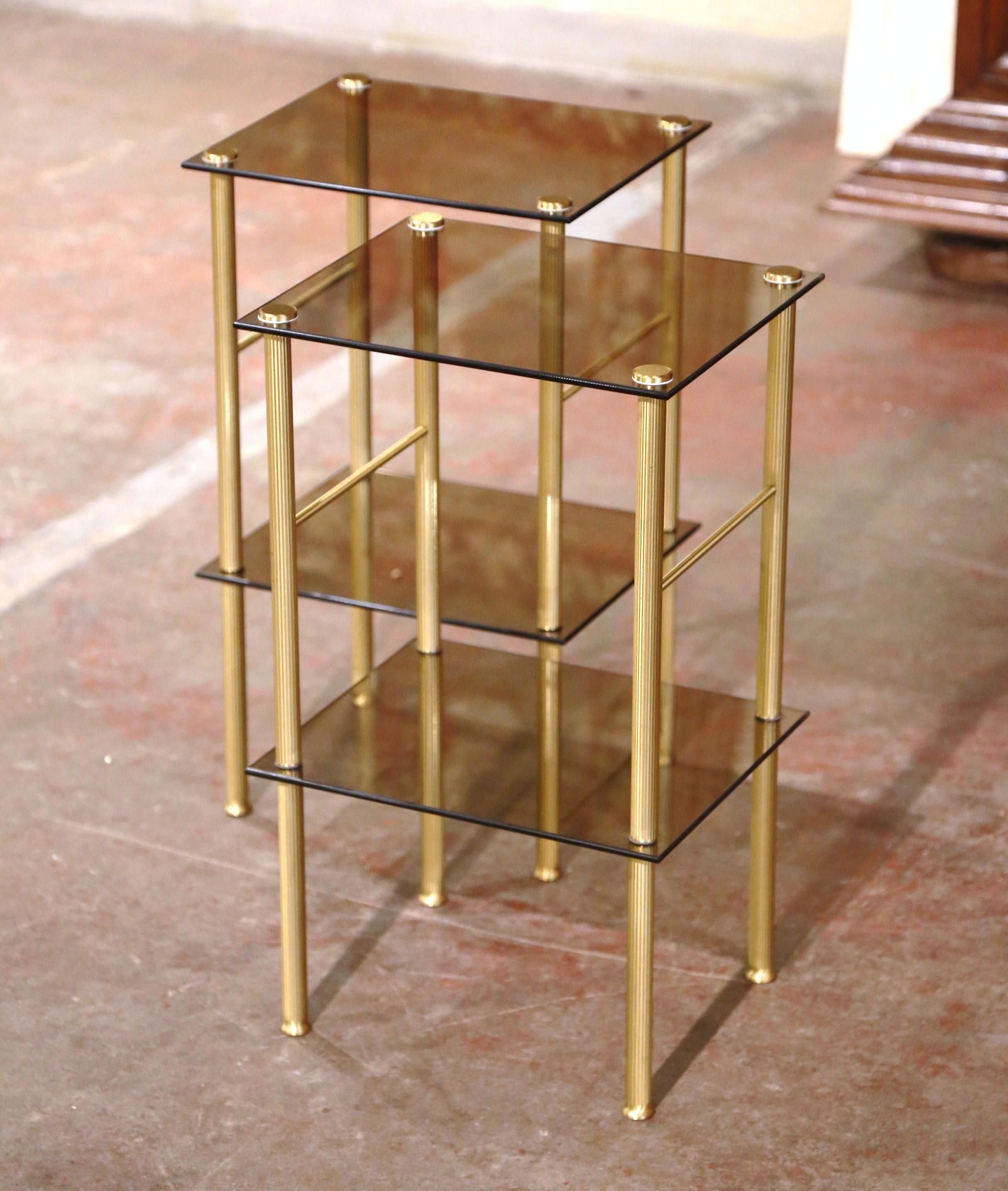 Hand-Crafted Pair of Mid-Century French Brass and Tainted Glass Two-Tear Side Tables 