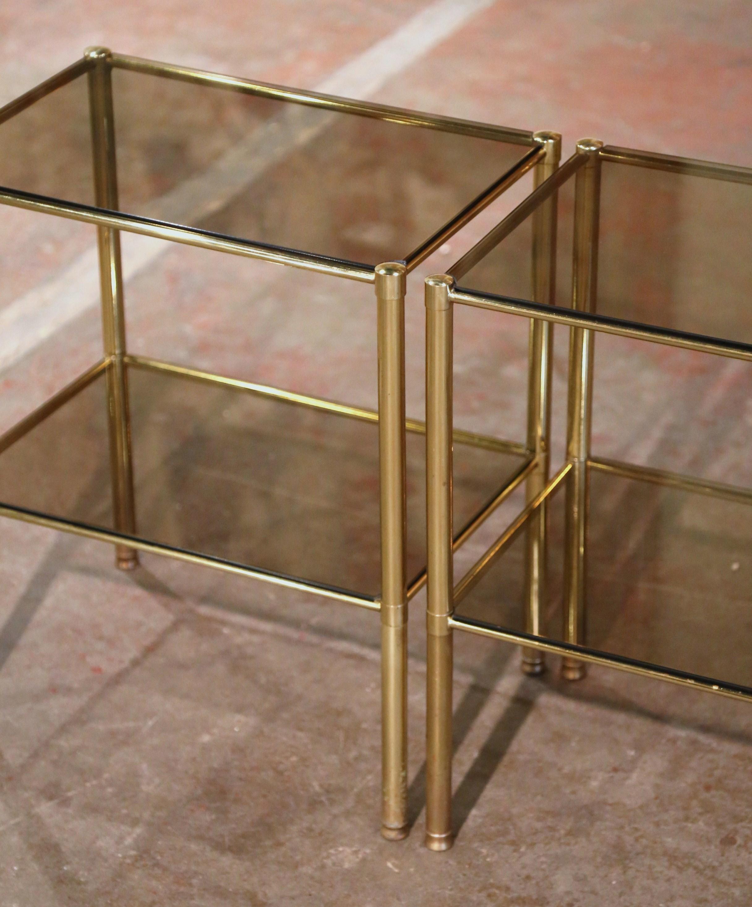 Hand-Crafted Pair of Mid-Century French Brass and Tainted Glass Two-Tear Side Tables 