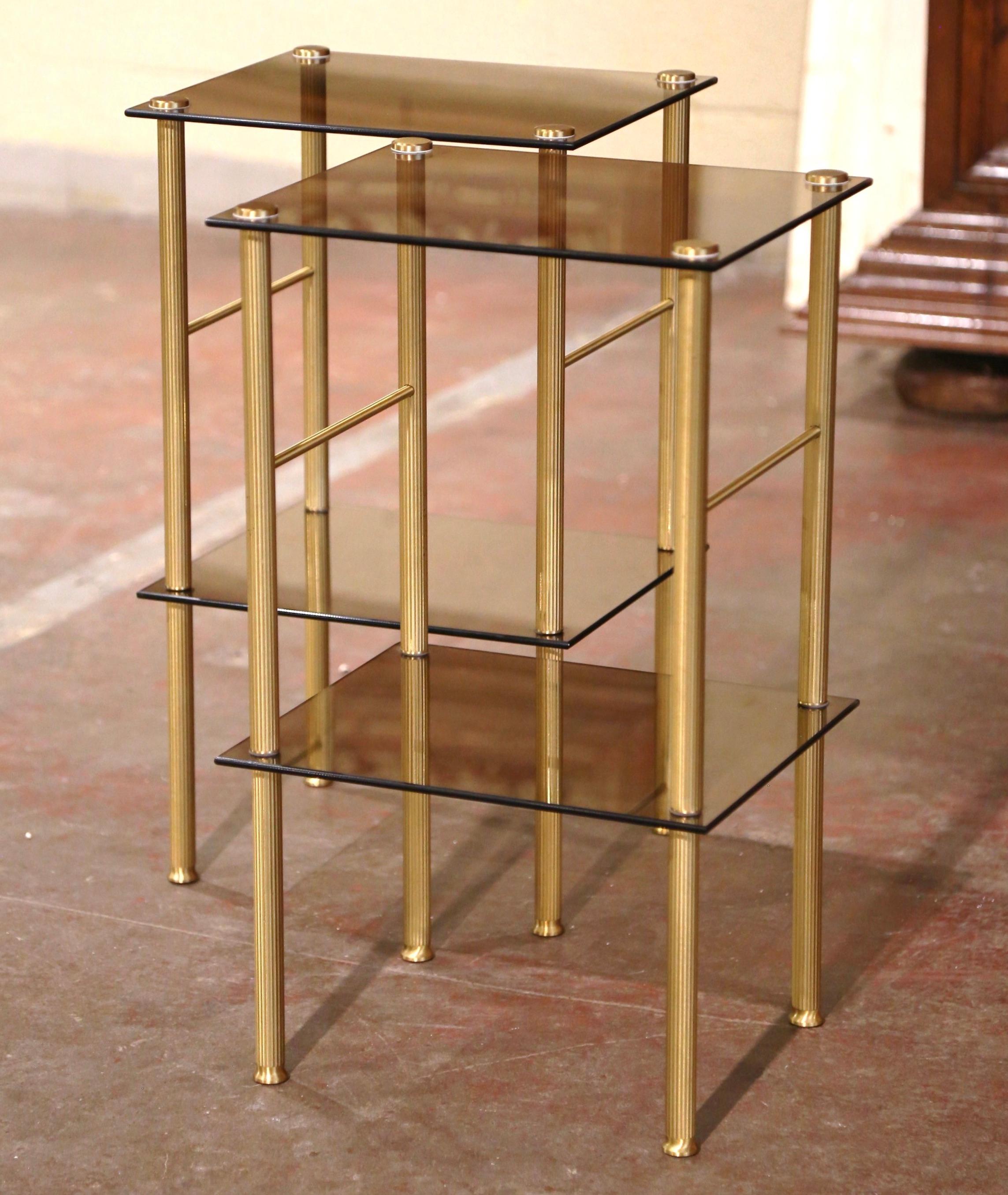 Pair of Mid-Century French Brass and Tainted Glass Two-Tear Side Tables  In Excellent Condition In Dallas, TX