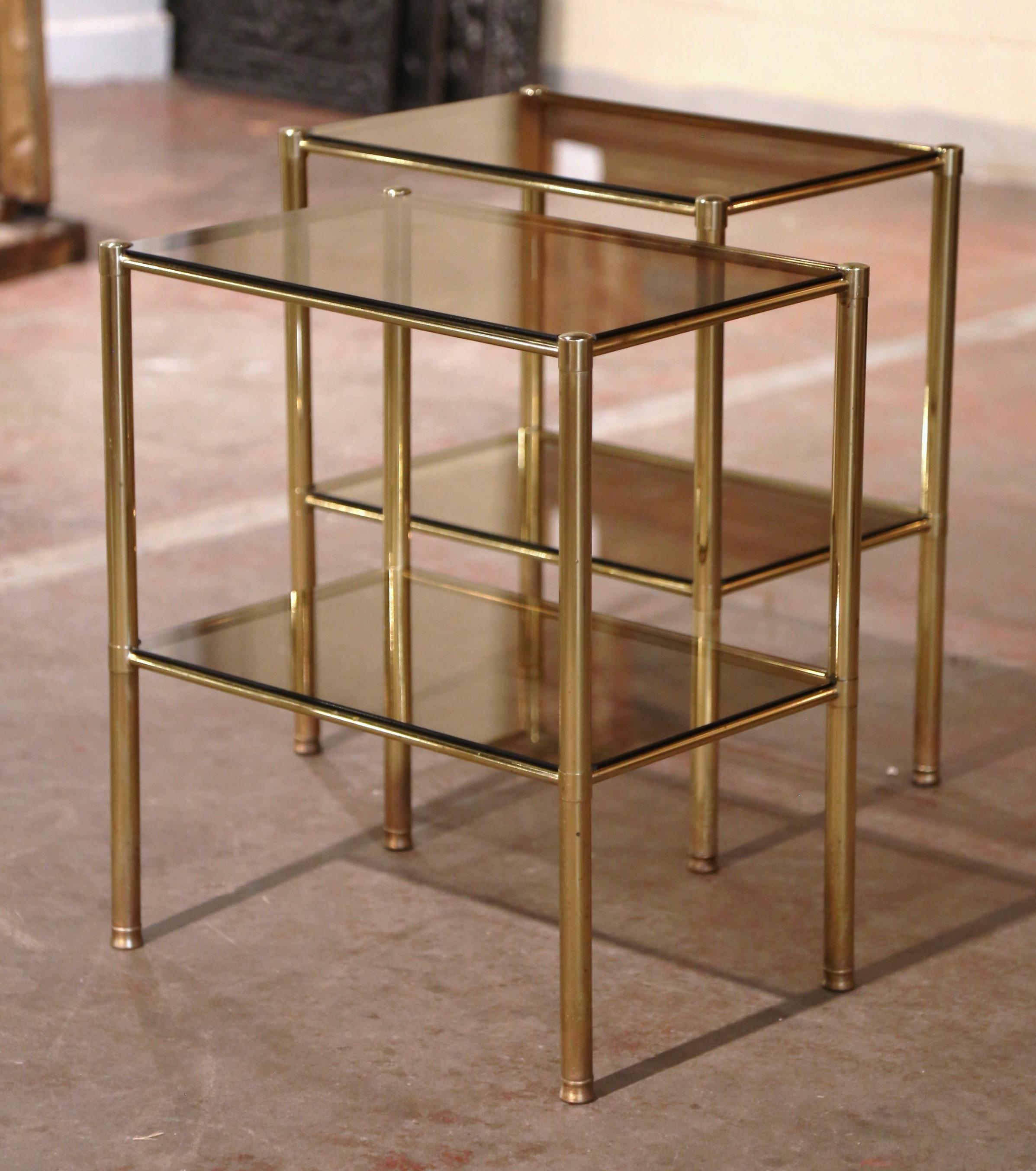 Pair of Mid-Century French Brass and Tainted Glass Two-Tear Side Tables  In Excellent Condition In Dallas, TX