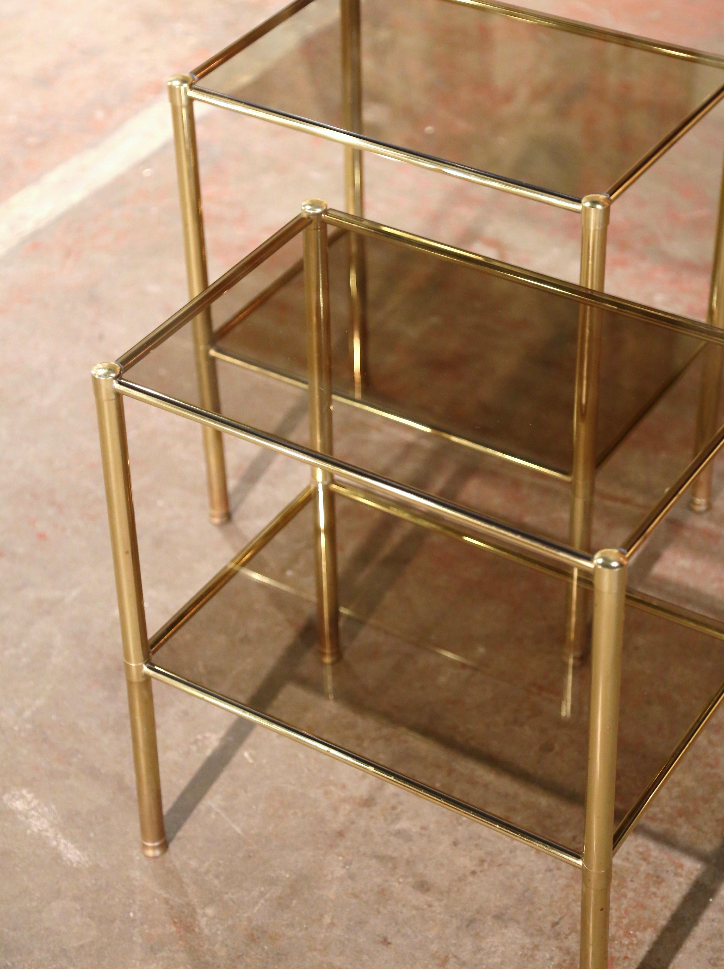 20th Century Pair of Mid-Century French Brass and Tainted Glass Two-Tear Side Tables 