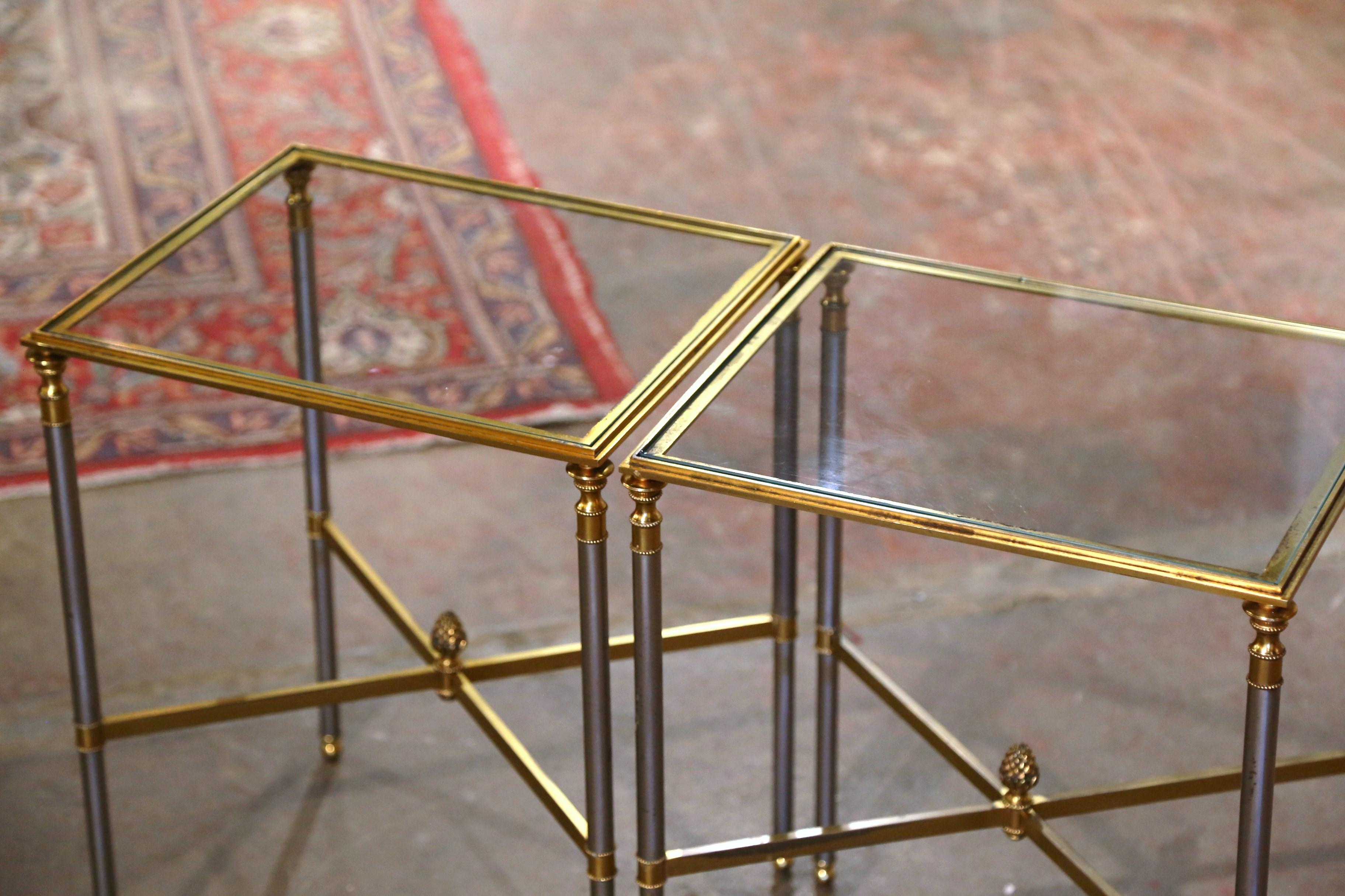 Neoclassical Pair of Mid-Century French Brass, Steel and Glass Side Tables