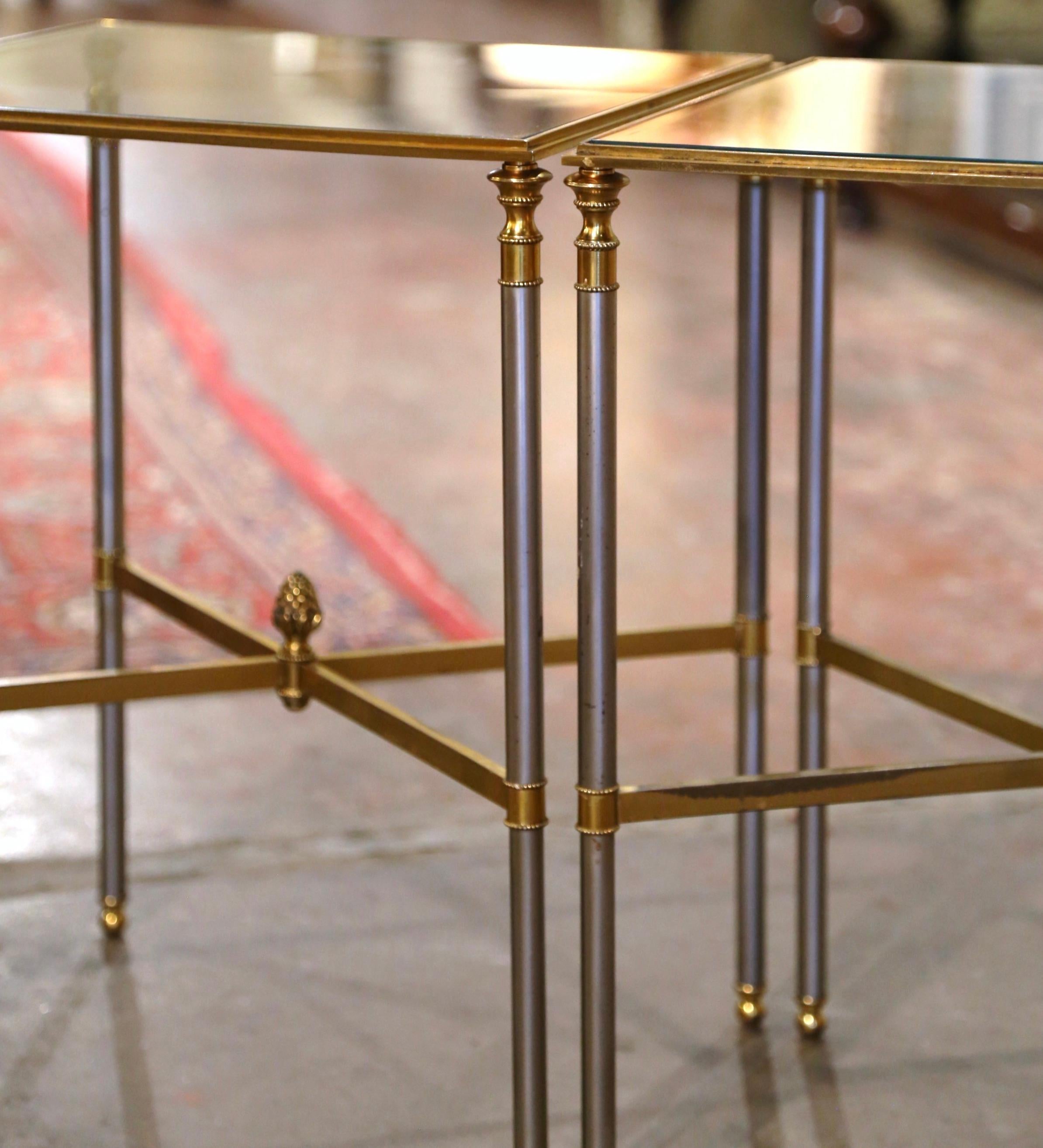 Hand-Crafted Pair of Mid-Century French Brass, Steel and Glass Side Tables