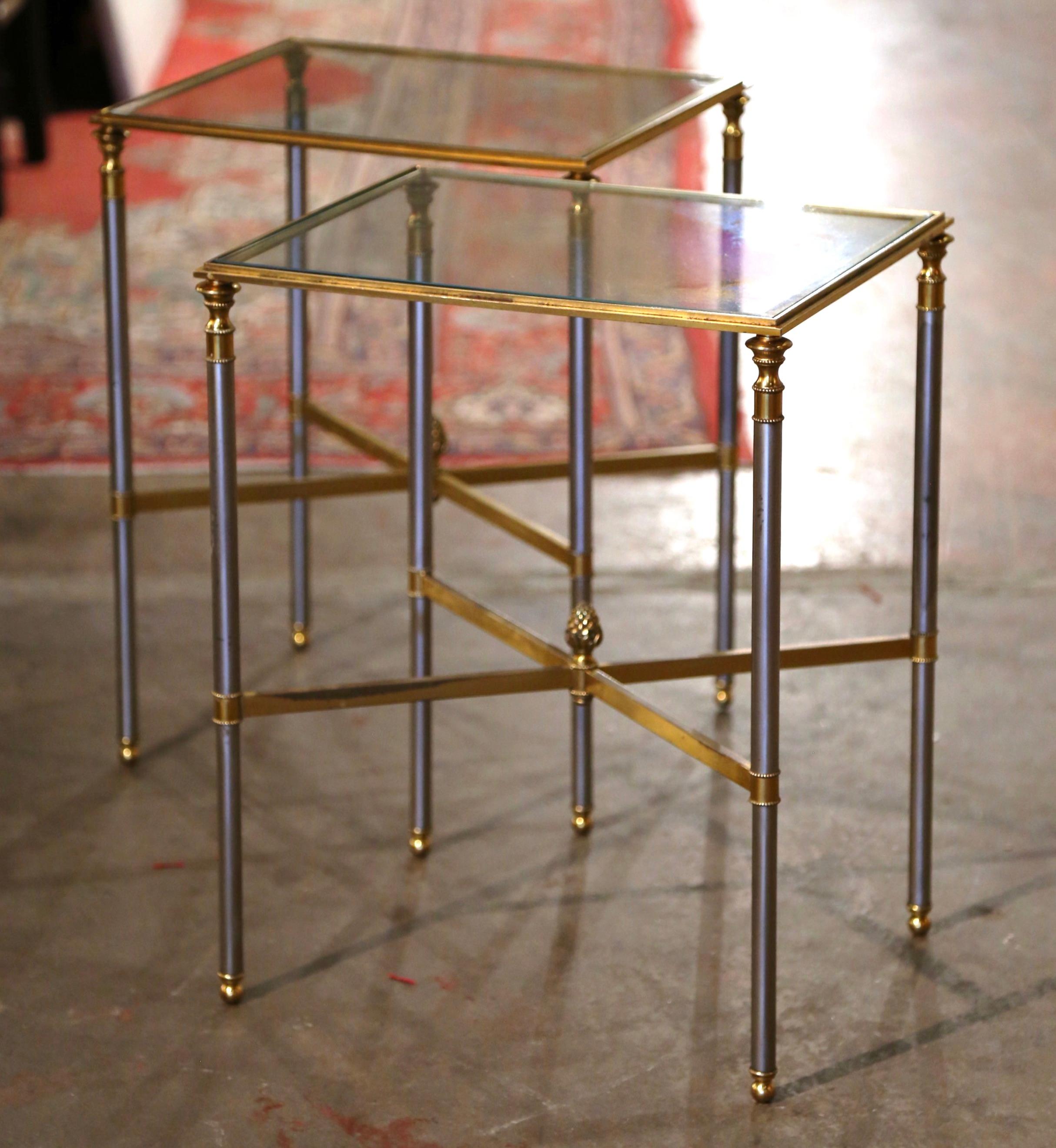 Pair of Mid-Century French Brass, Steel and Glass Side Tables In Excellent Condition In Dallas, TX