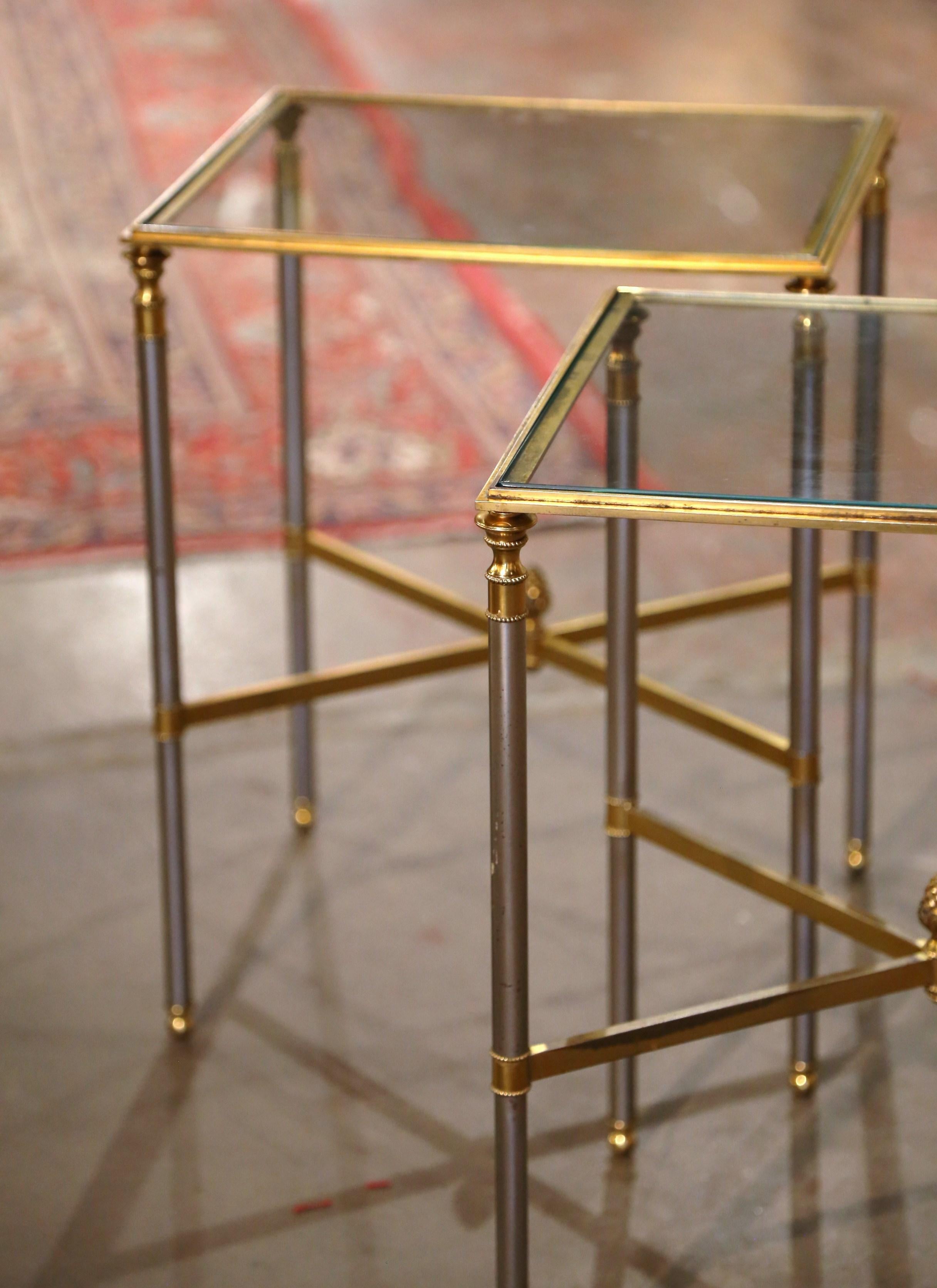 20th Century Pair of Mid-Century French Brass, Steel and Glass Side Tables