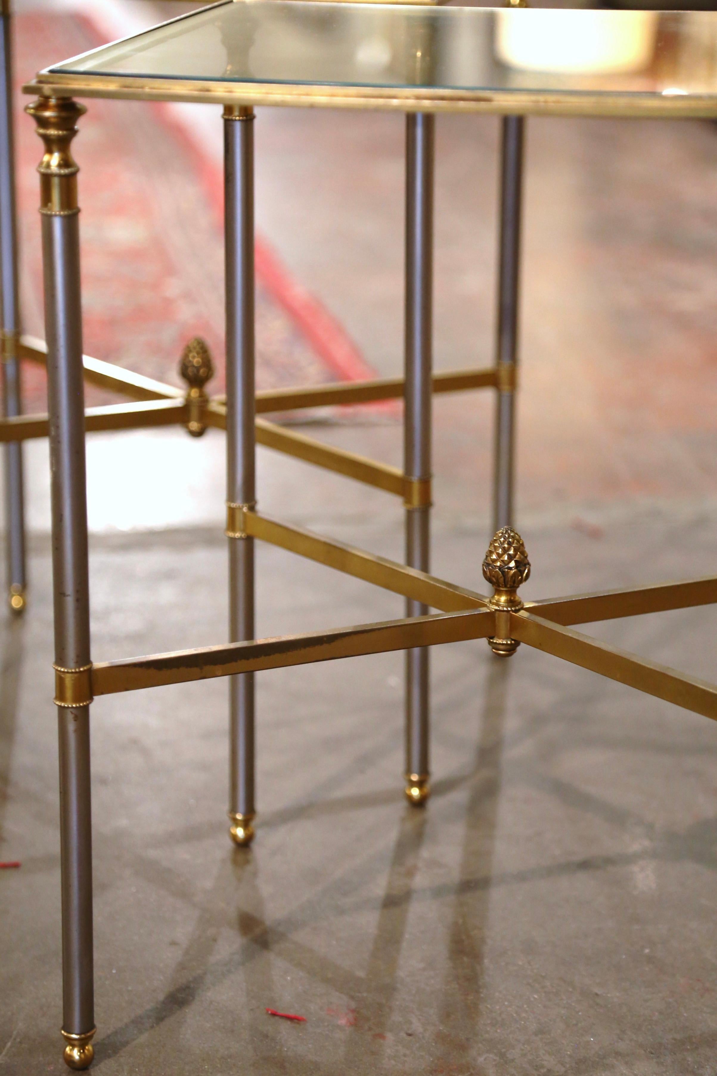 Pair of Mid-Century French Brass, Steel and Glass Side Tables 1