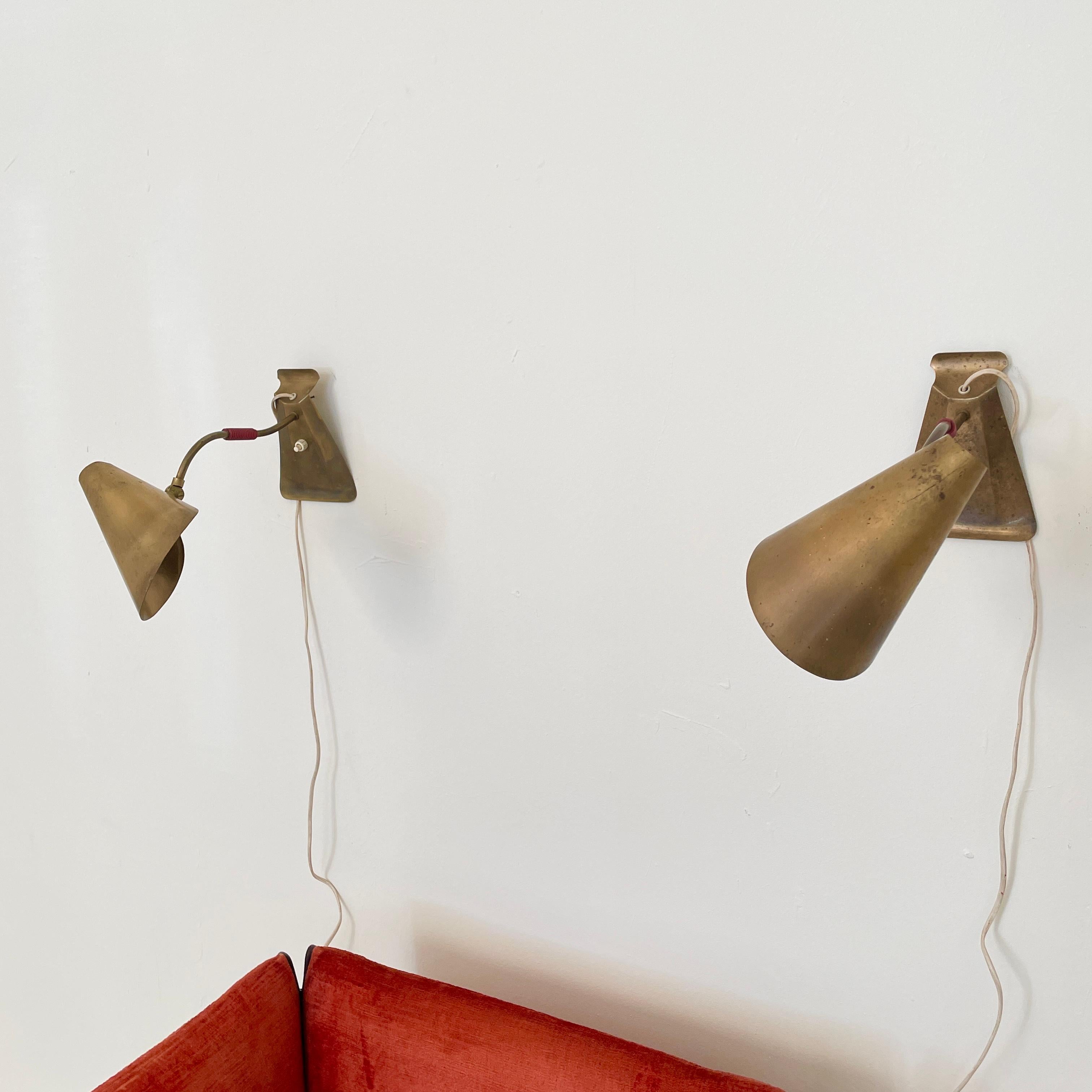 Mid-20th Century Pair of Mid Century French Brass Wall Lights in the Style Maison Lunel, 1950s