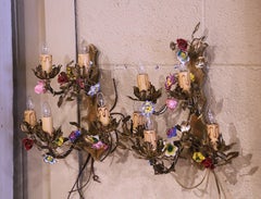 Pair of Mid-Century French Bronze and Painted Porcelain Five-Light Wall Sconces