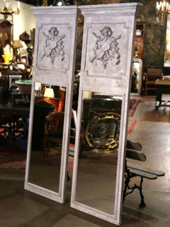 Pair of Mid-Century French Carved and Painted Trumeaux Mirrors from Normandy