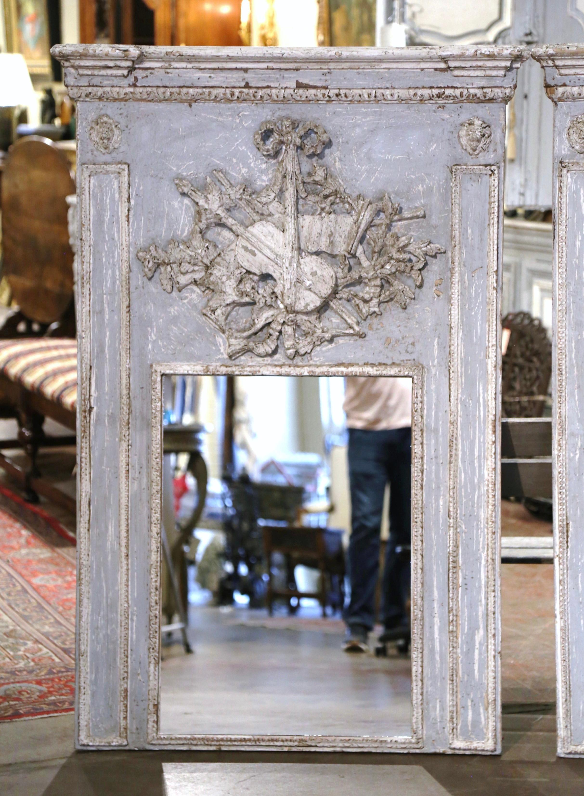 Louis XVI Pair of Mid-Century French Carved and Painted Trumeaux Mirrors from Normandy
