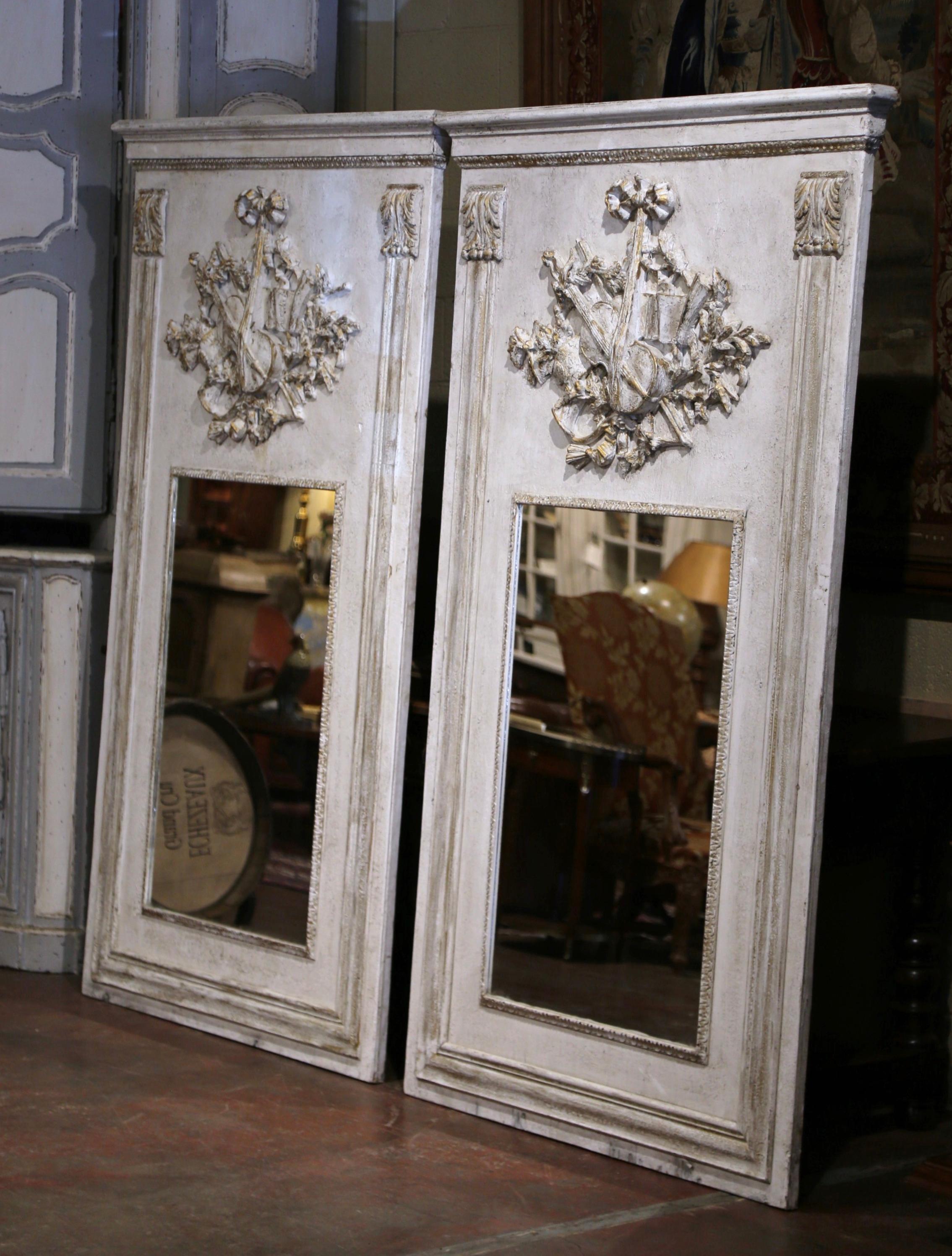 Louis XVI Pair of Mid-Century French Carved and Painted Trumeaux Mirrors from Normandy For Sale