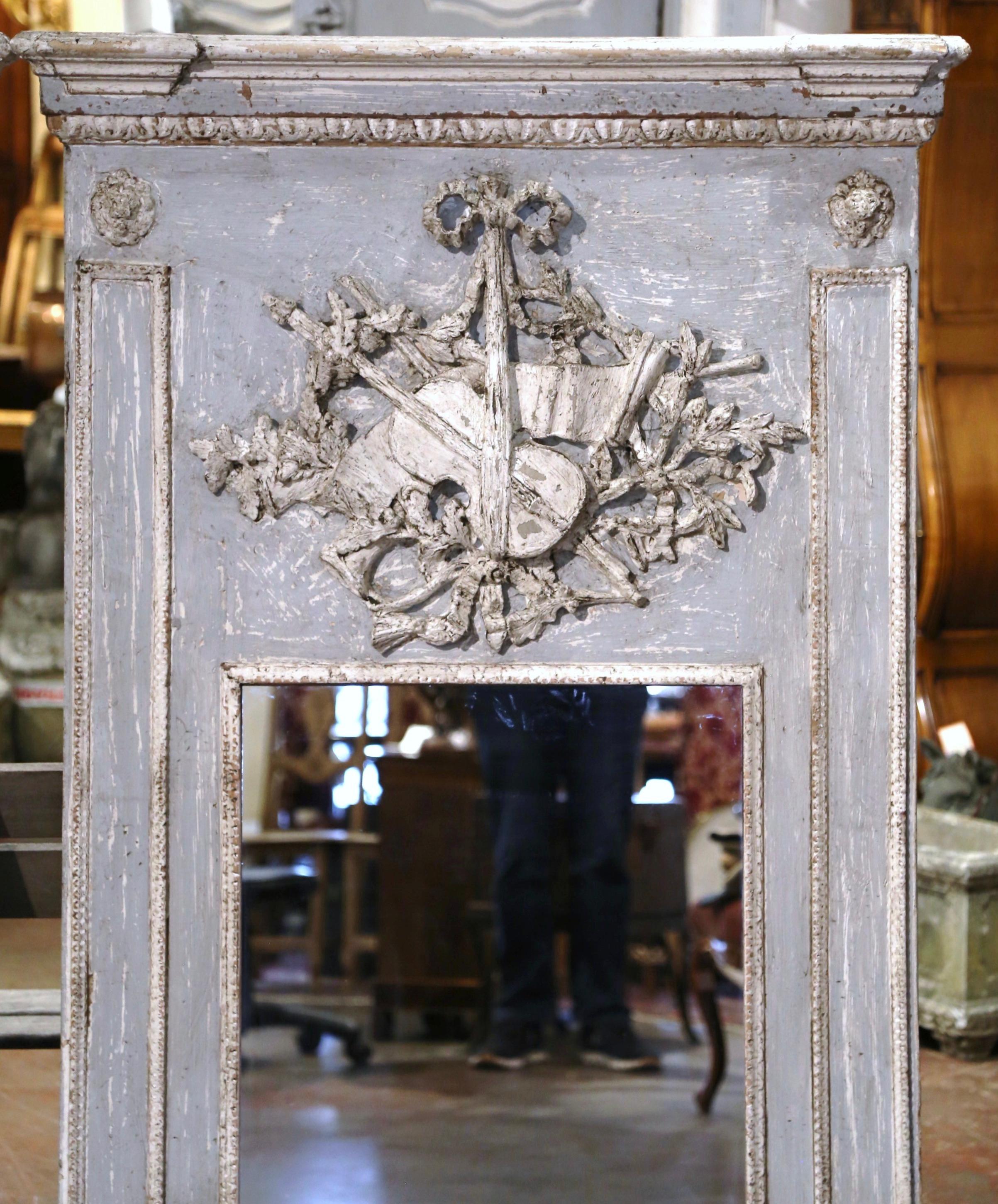 Hand-Carved Pair of Mid-Century French Carved and Painted Trumeaux Mirrors from Normandy