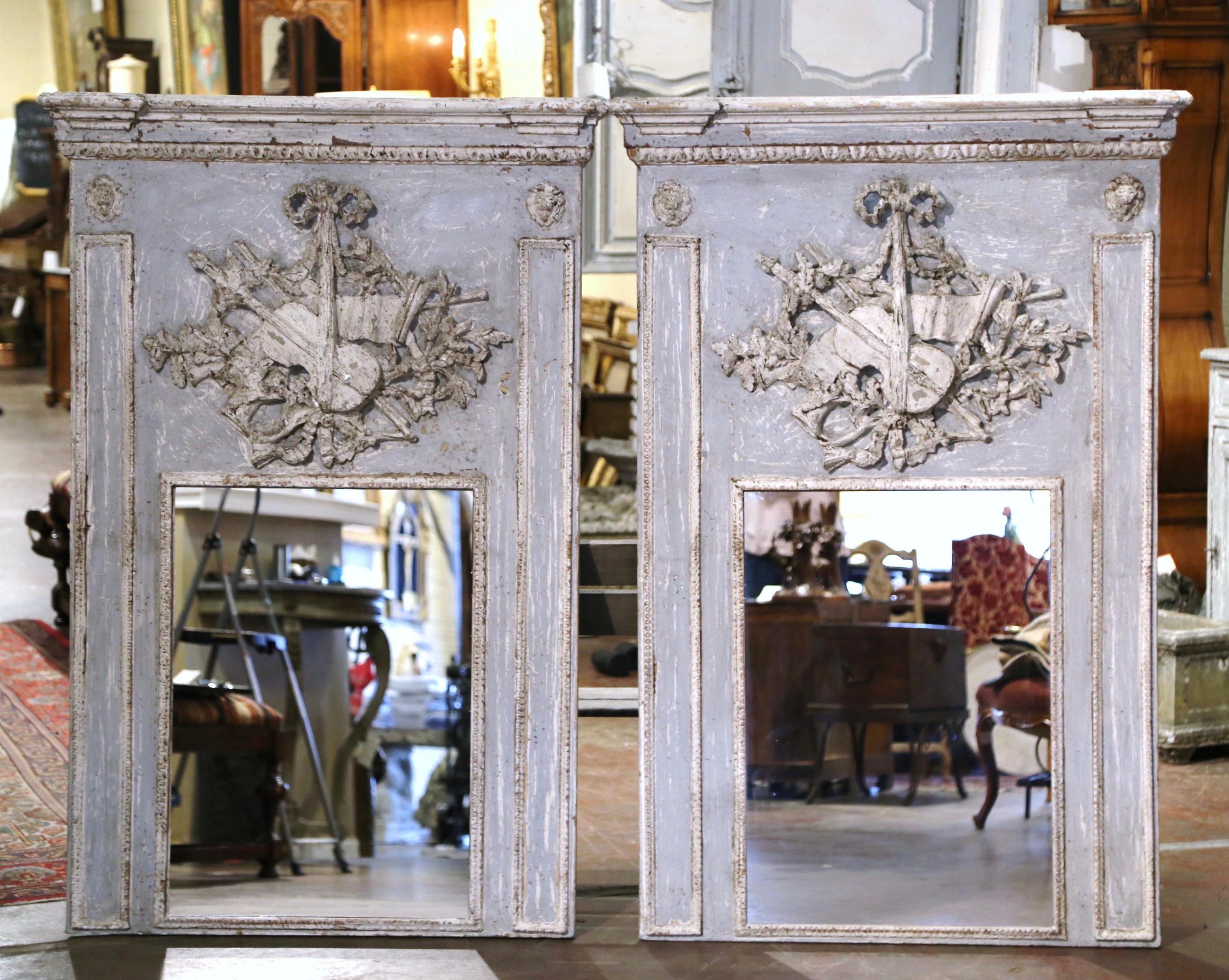 Pair of Mid-Century French Carved and Painted Trumeaux Mirrors from Normandy In Excellent Condition In Dallas, TX