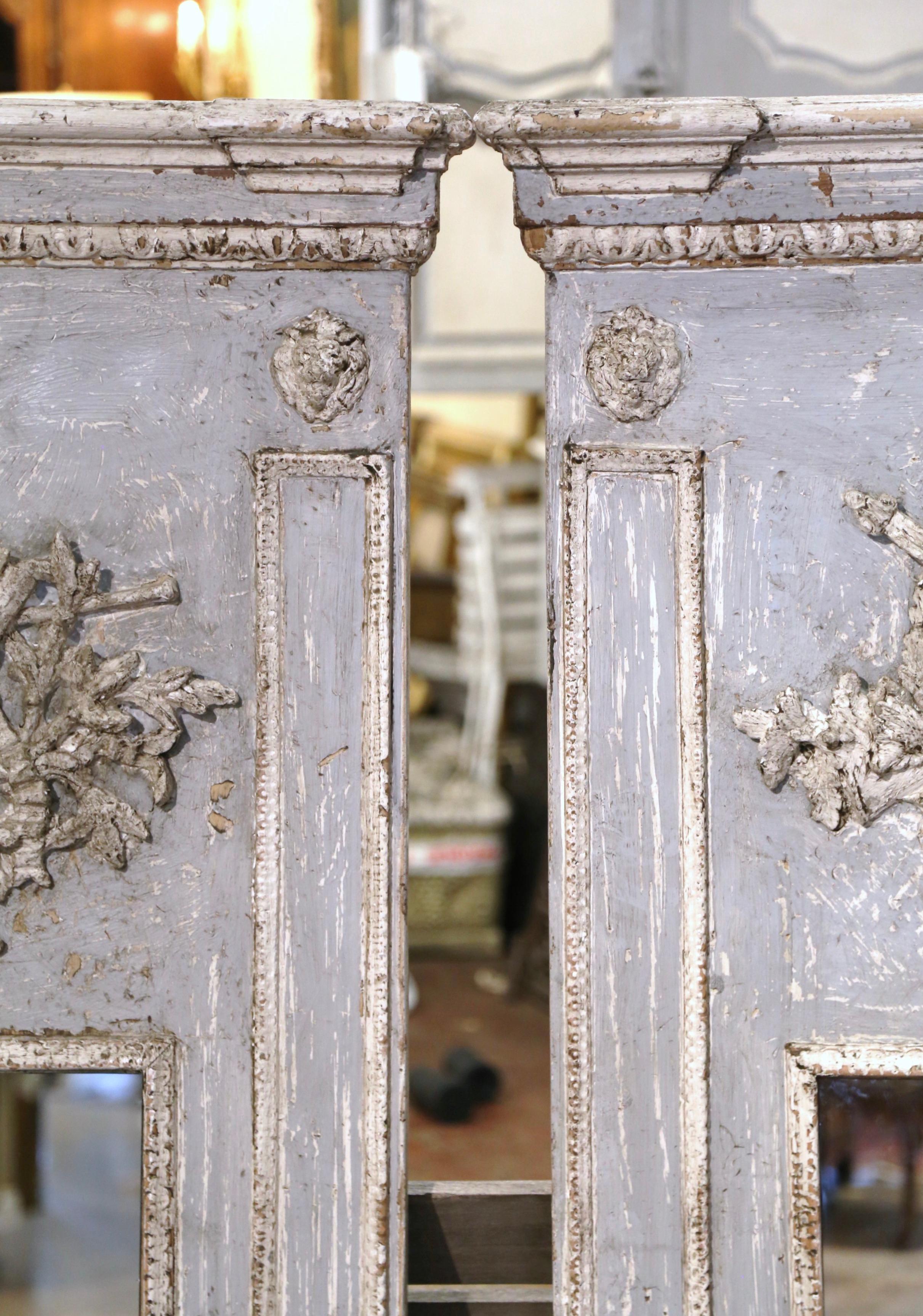Wood Pair of Mid-Century French Carved and Painted Trumeaux Mirrors from Normandy