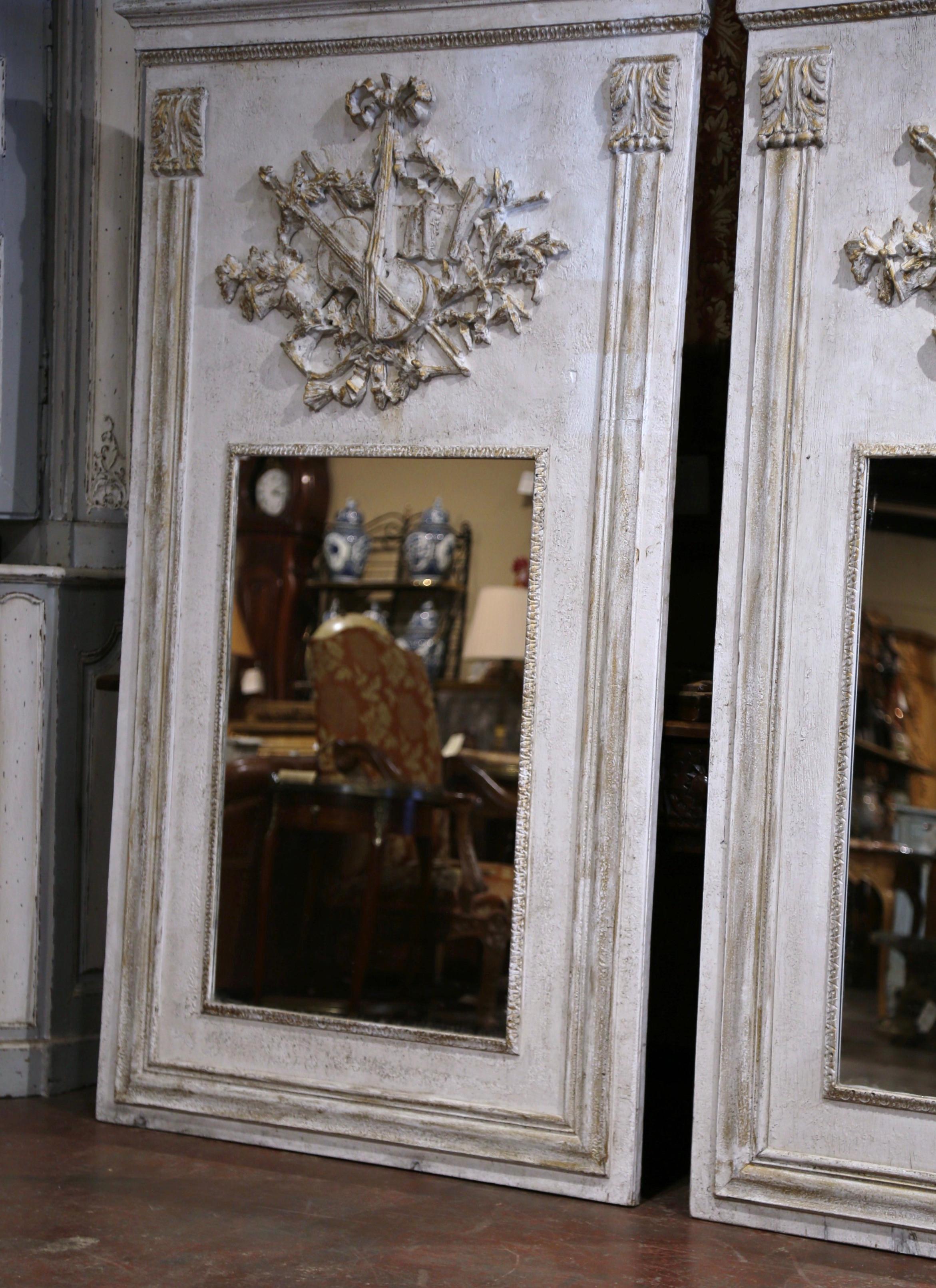 Pair of Mid-Century French Carved and Painted Trumeaux Mirrors from Normandy For Sale 1