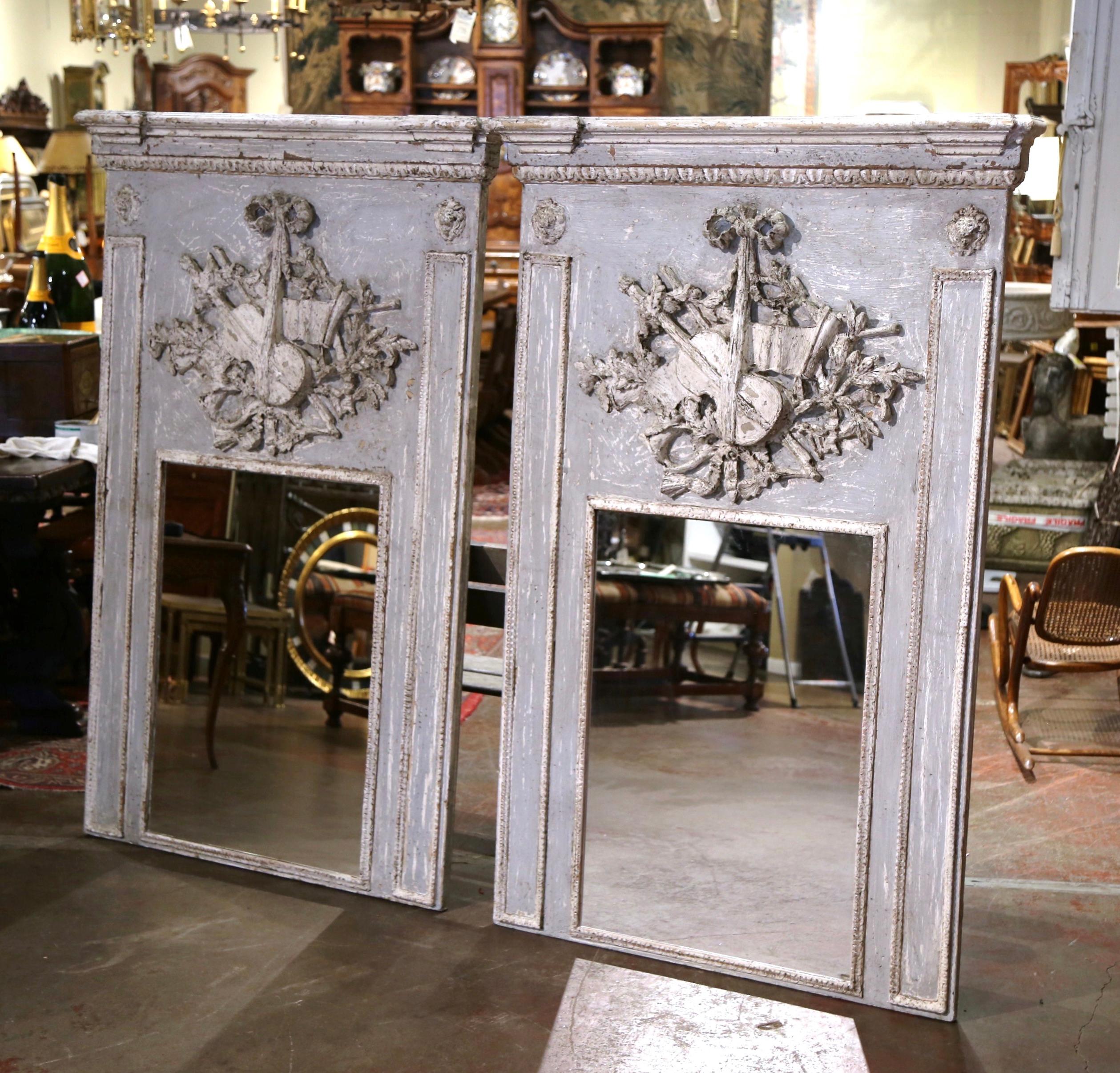 Pair of Mid-Century French Carved and Painted Trumeaux Mirrors from Normandy 2