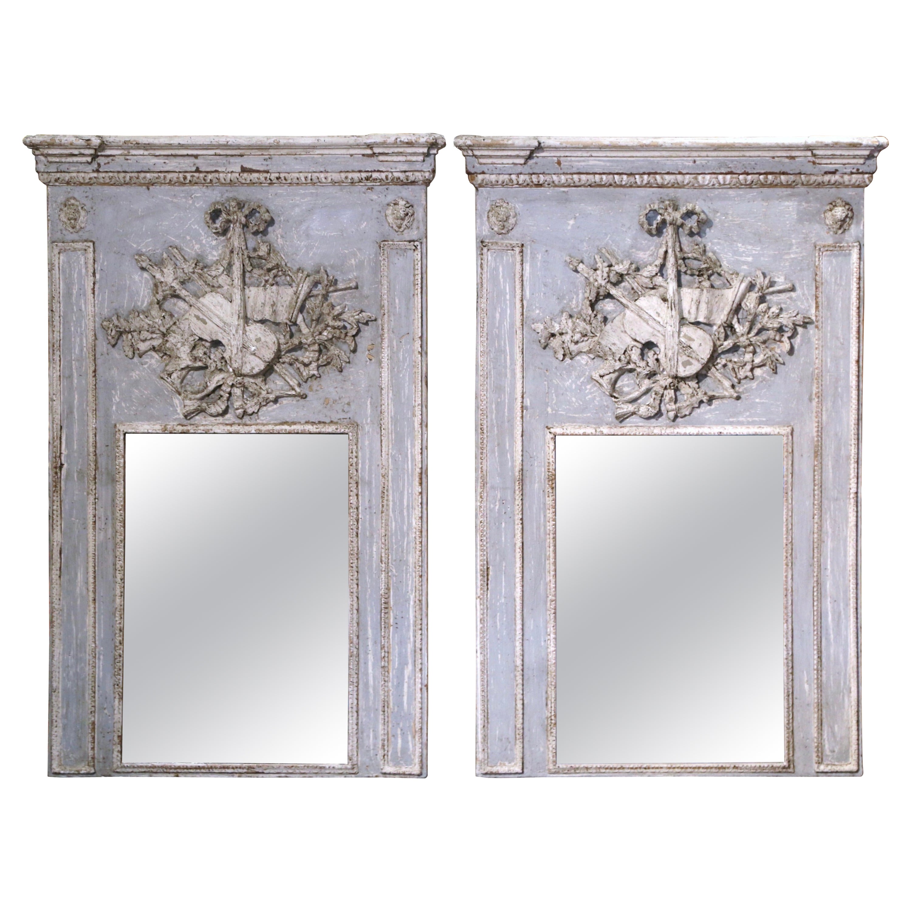 Pair of Mid-Century French Carved and Painted Trumeaux Mirrors from Normandy