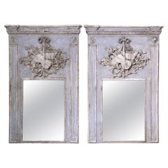 Pair of Mid-Century French Carved and Painted Trumeaux Mirrors from Normandy