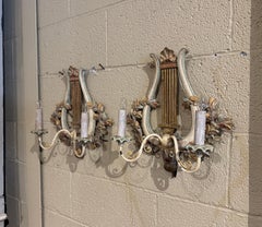 Pair of Mid-Century French Carved and Painted Two-Light Lyre Wall Sconces