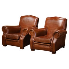 Vintage Pair of Mid-Century French Carved Club Armchairs with Original Brown Leather