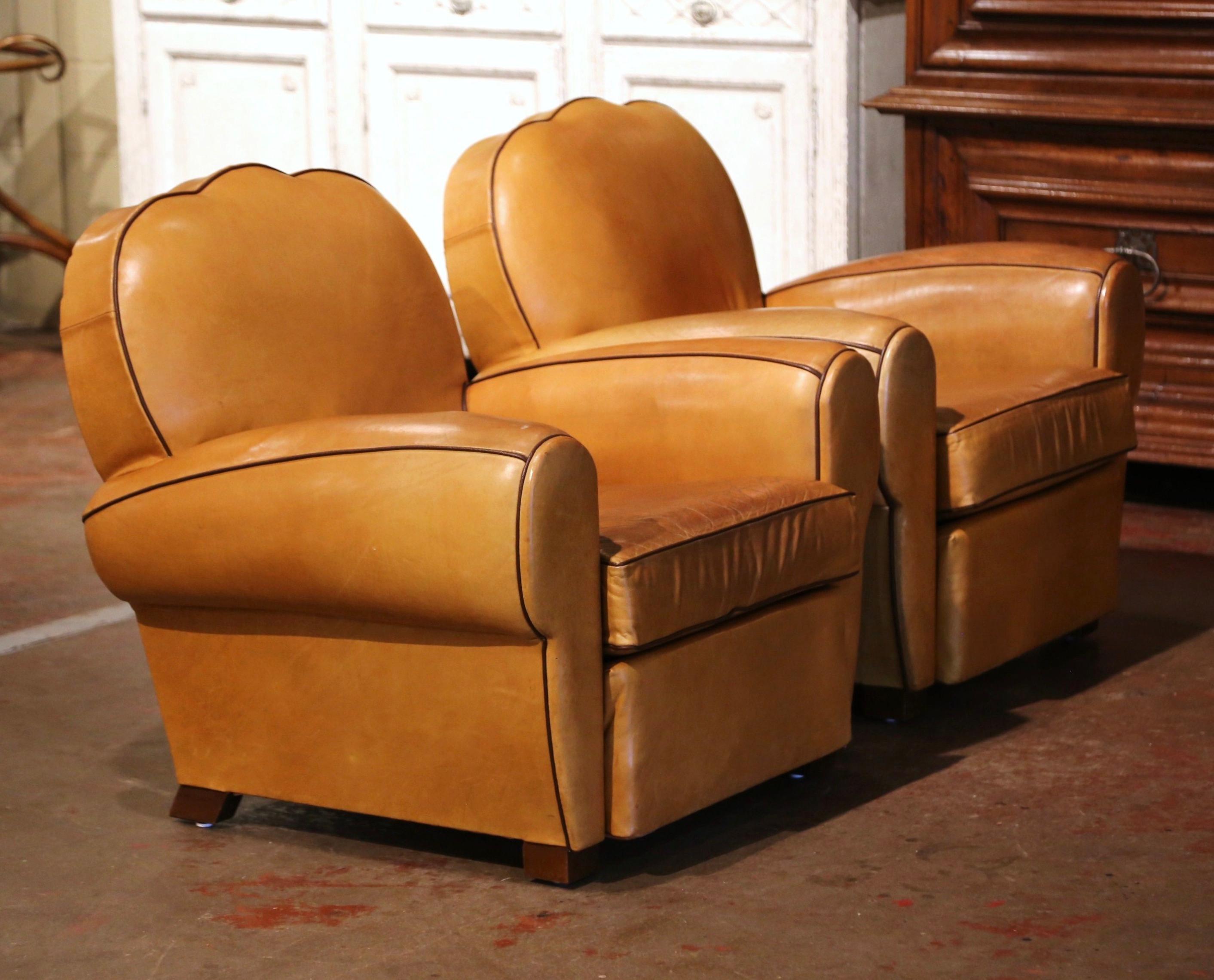 Pair of Mid-Century French Carved Club Armchairs with Original Tan Leather 4