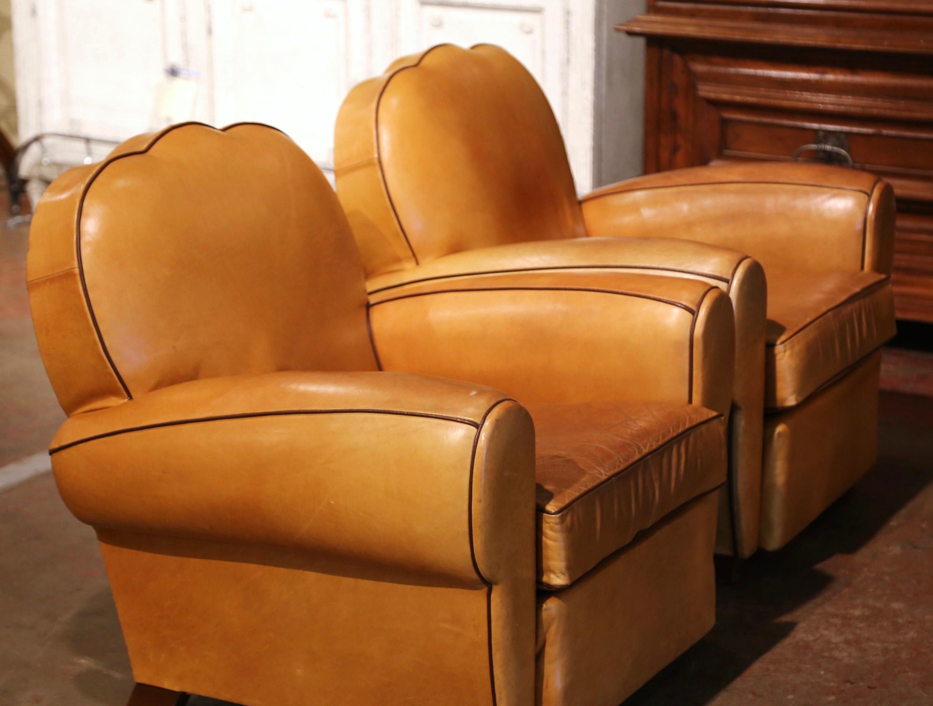 Pair of Mid-Century French Carved Club Armchairs with Original Tan Leather 5