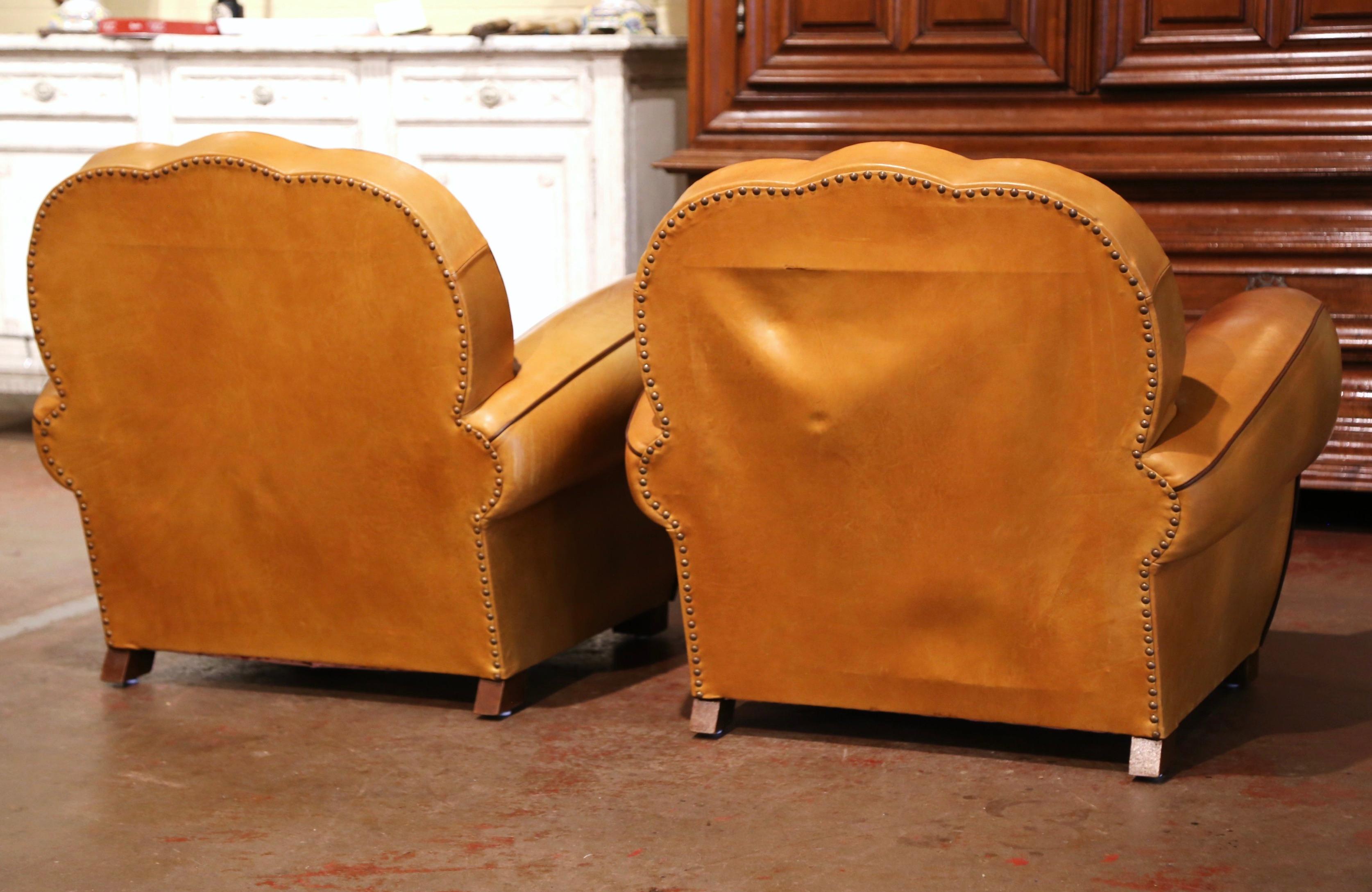Pair of Mid-Century French Carved Club Armchairs with Original Tan Leather 6