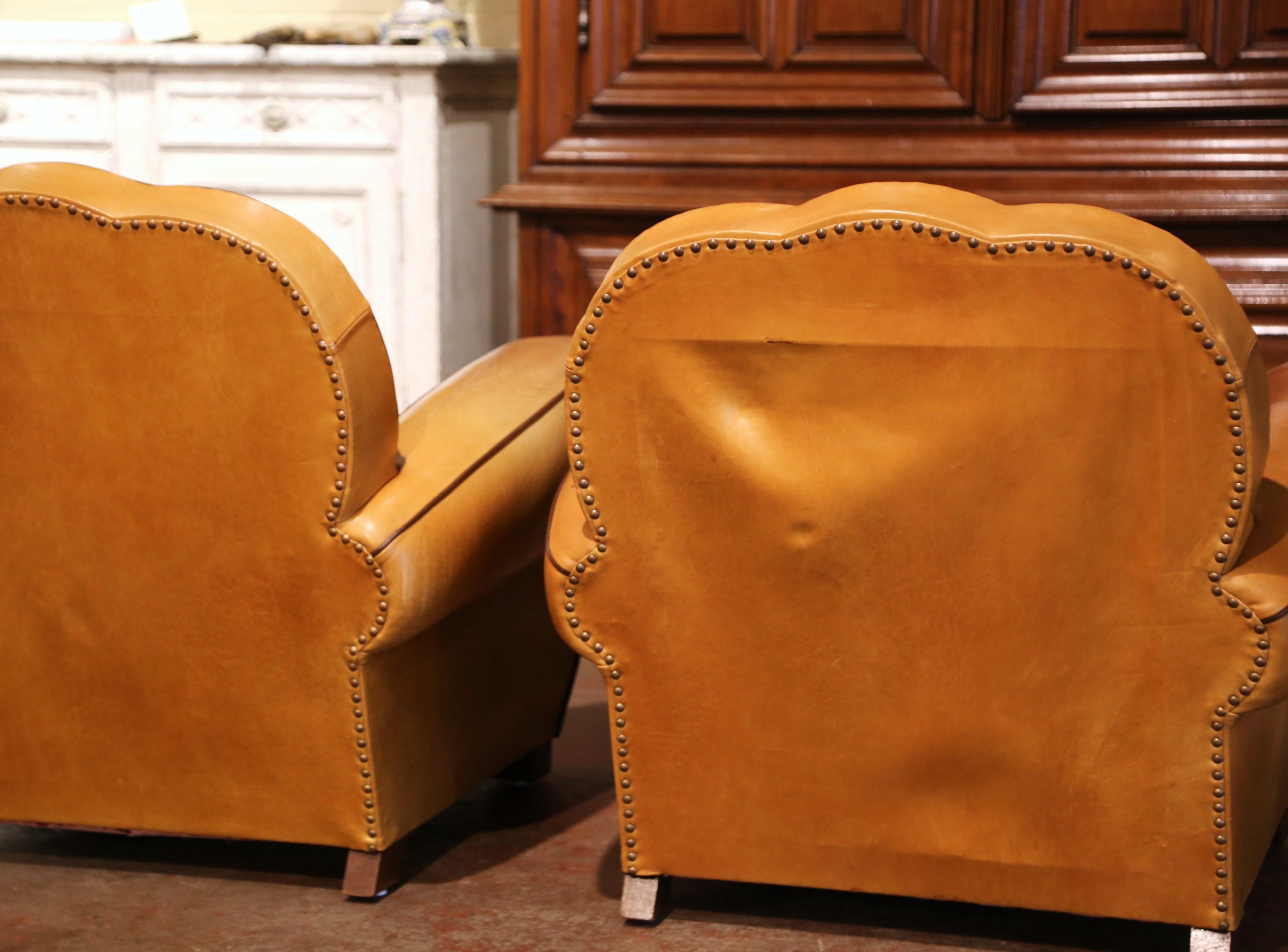 Pair of Mid-Century French Carved Club Armchairs with Original Tan Leather 7