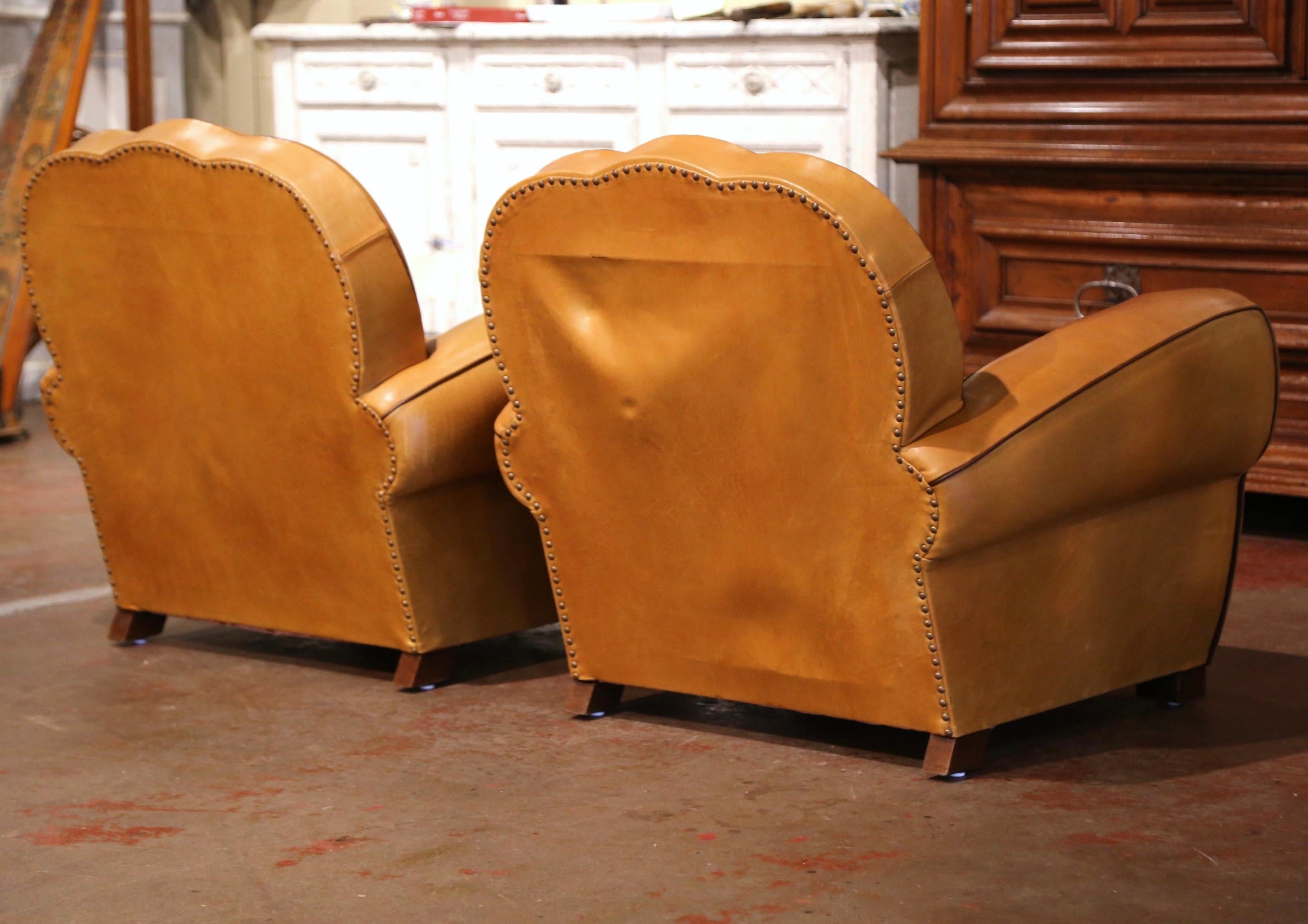 Pair of Mid-Century French Carved Club Armchairs with Original Tan Leather 8