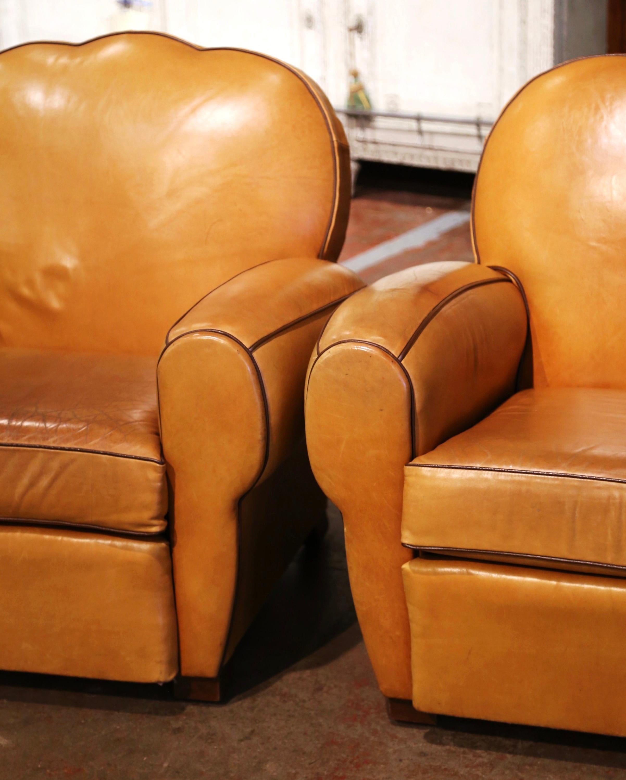 Art Deco Pair of Mid-Century French Carved Club Armchairs with Original Tan Leather