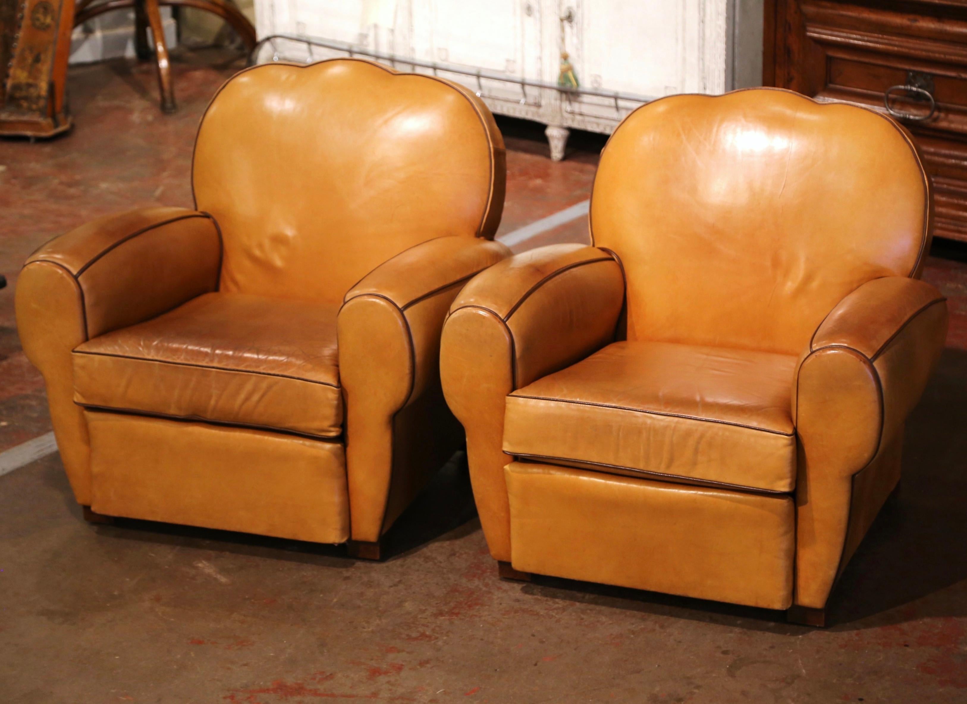 Patinated Pair of Mid-Century French Carved Club Armchairs with Original Tan Leather