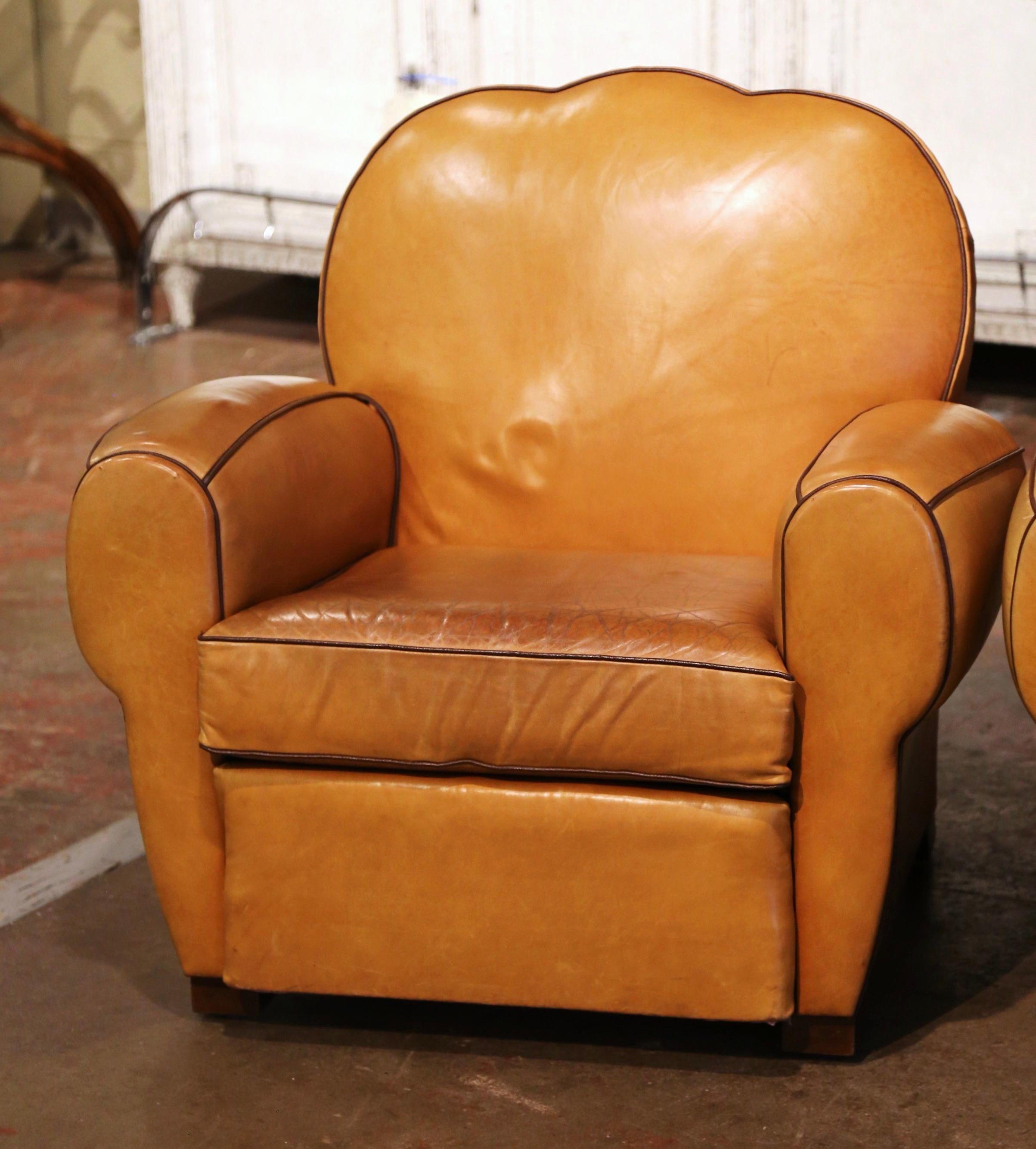 Pair of Mid-Century French Carved Club Armchairs with Original Tan Leather In Excellent Condition In Dallas, TX