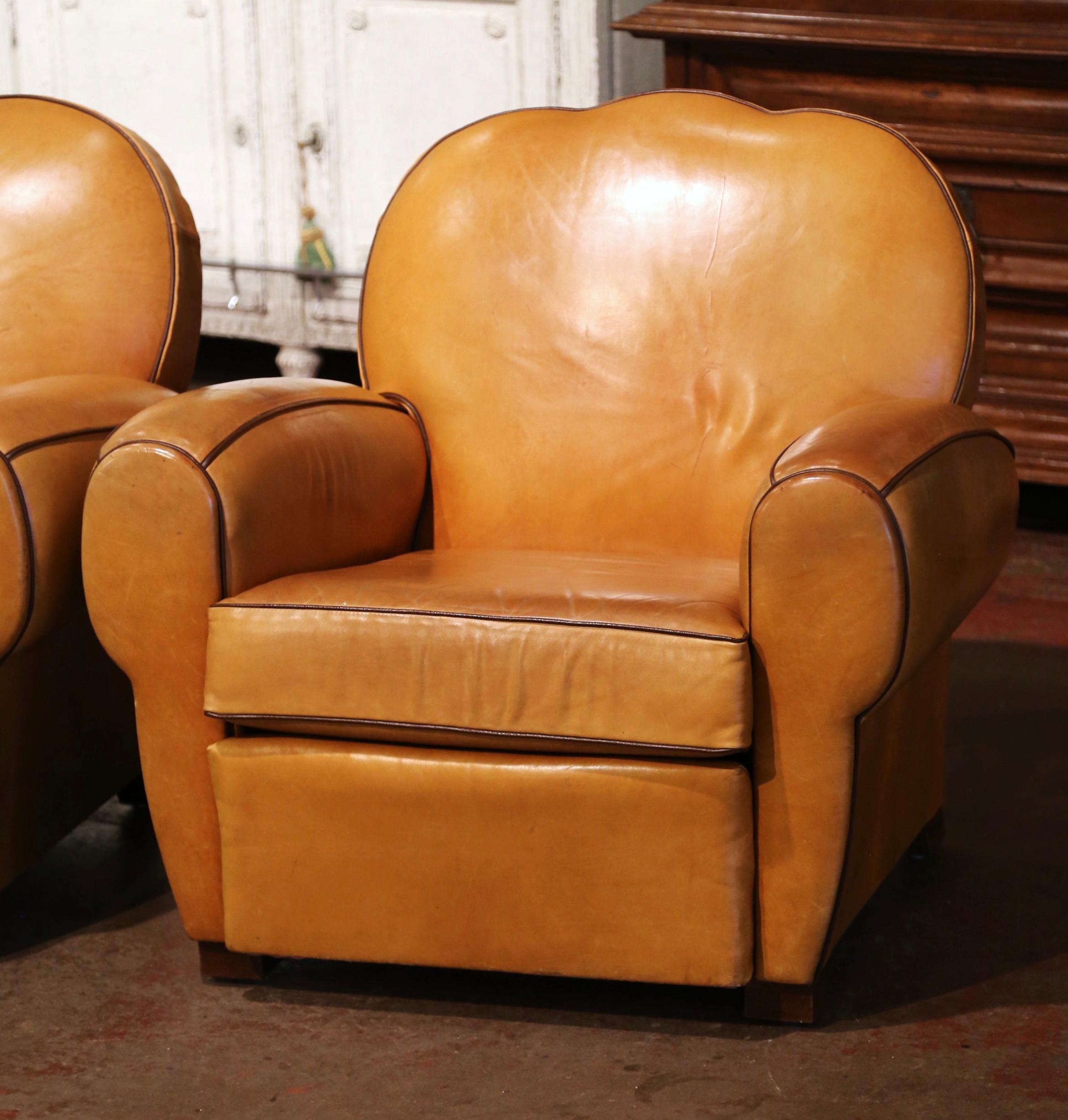 20th Century Pair of Mid-Century French Carved Club Armchairs with Original Tan Leather