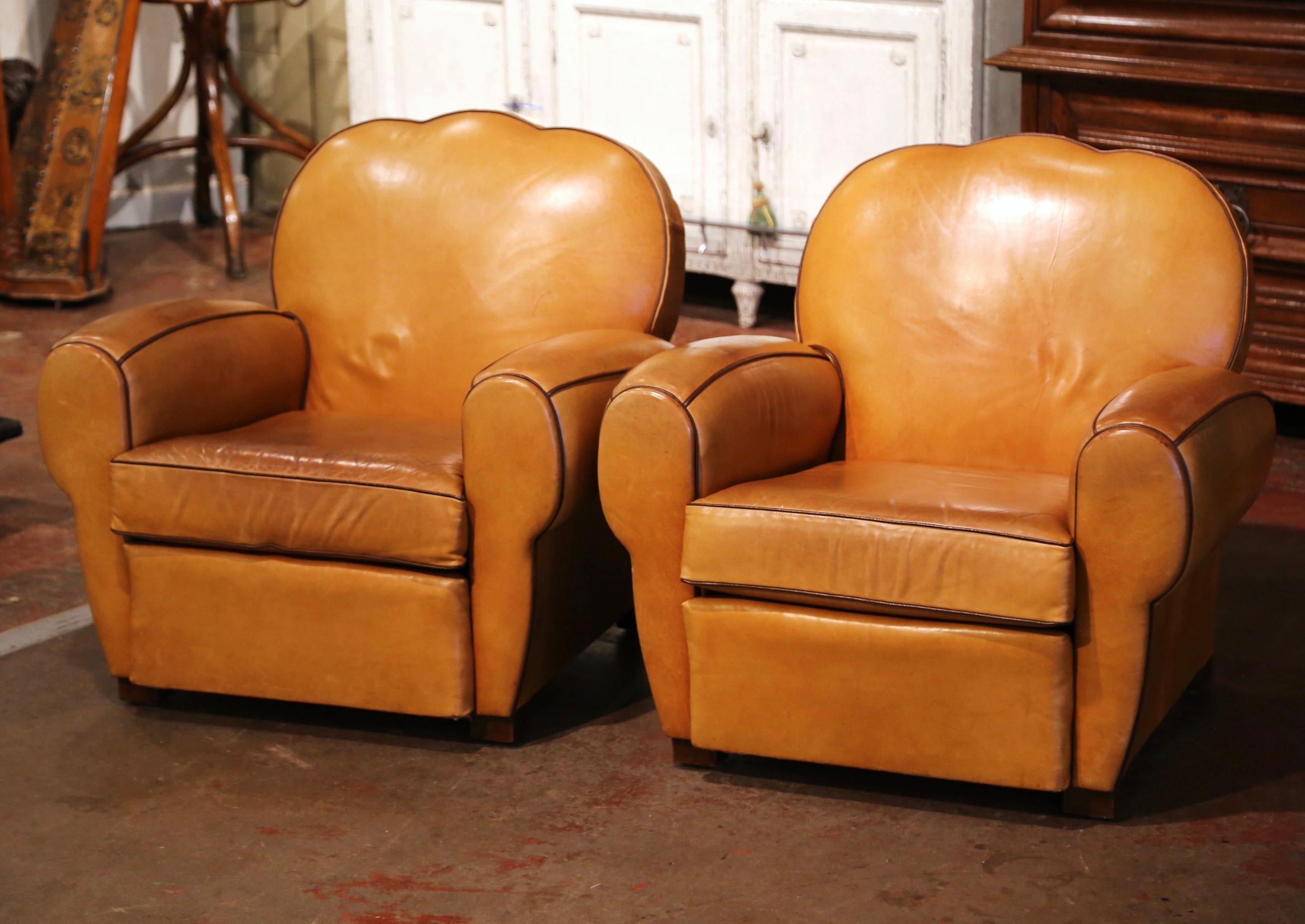 Pair of Mid-Century French Carved Club Armchairs with Original Tan Leather 1
