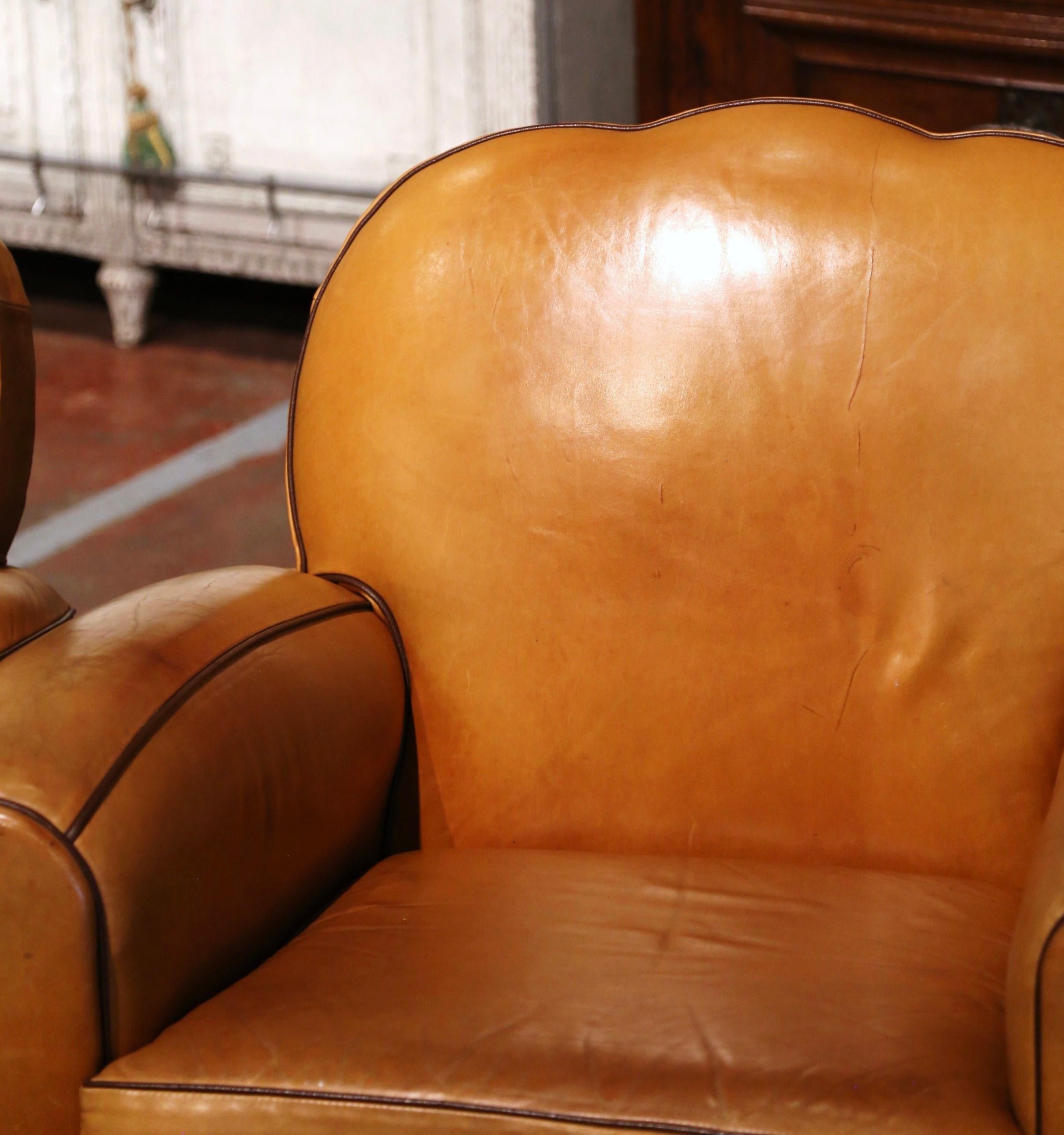 Pair of Mid-Century French Carved Club Armchairs with Original Tan Leather 2