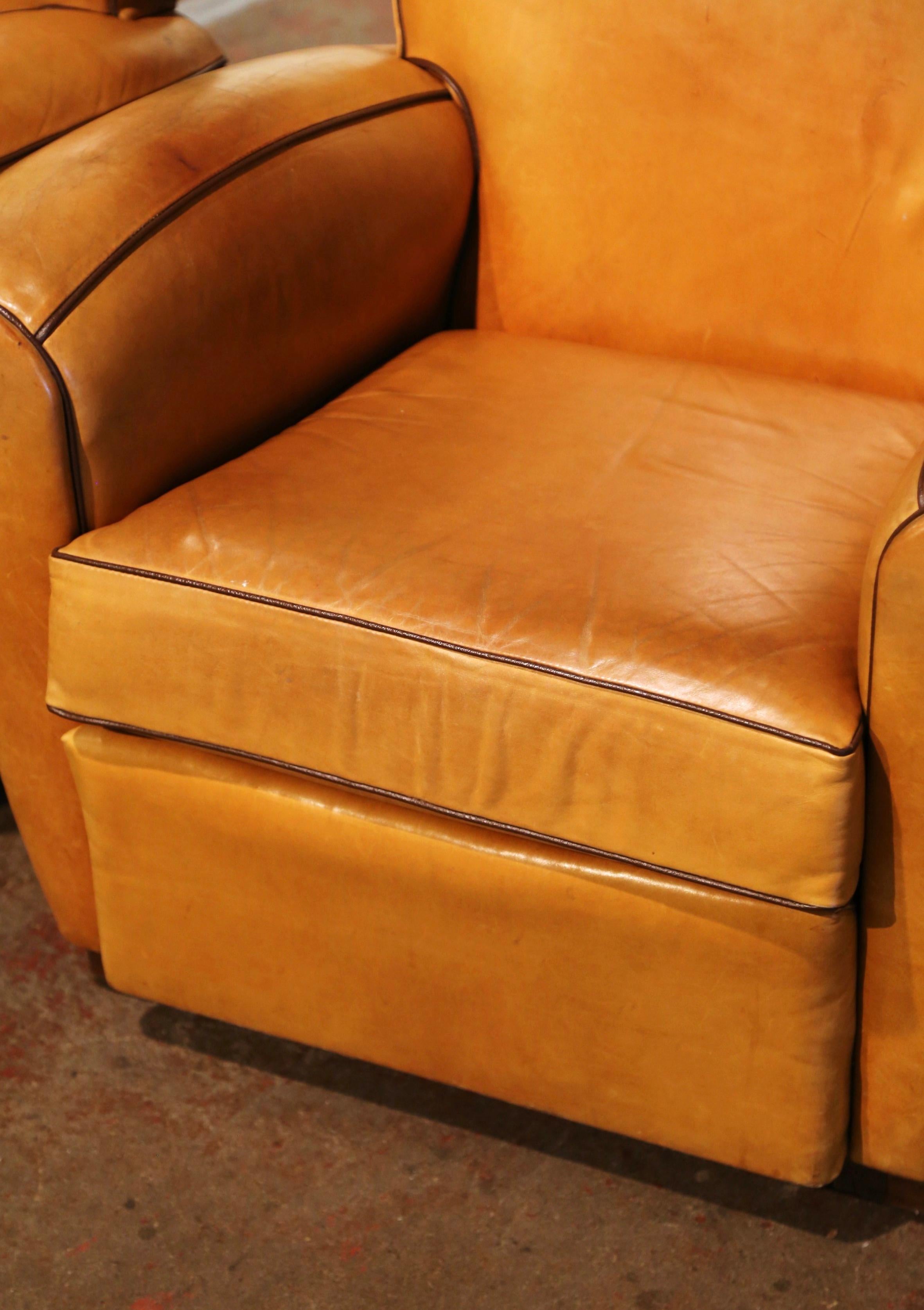 Pair of Mid-Century French Carved Club Armchairs with Original Tan Leather 3