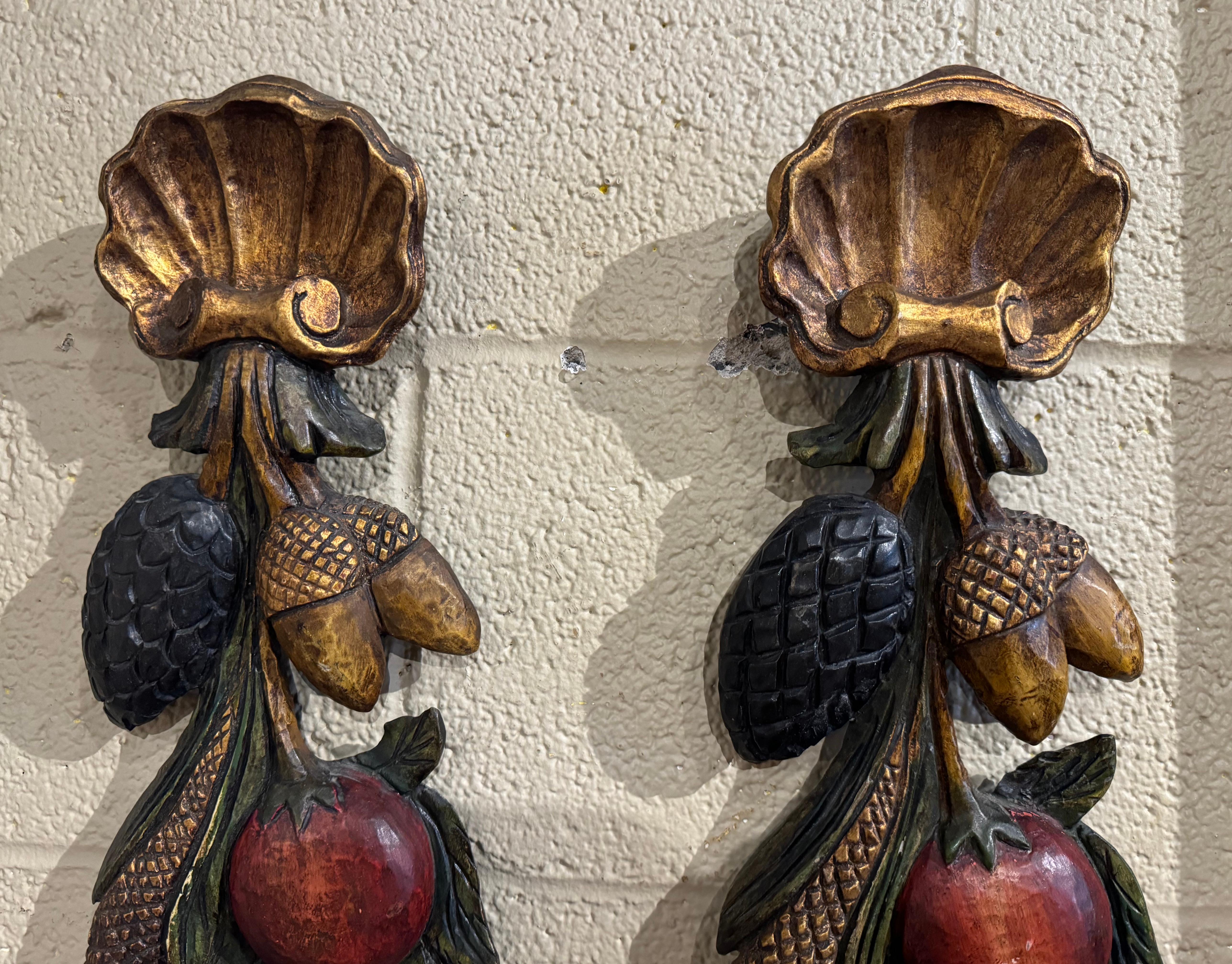 Hand-Carved Pair of Mid-Century French Carved Gilt and Polychromed Wall Sculptures For Sale