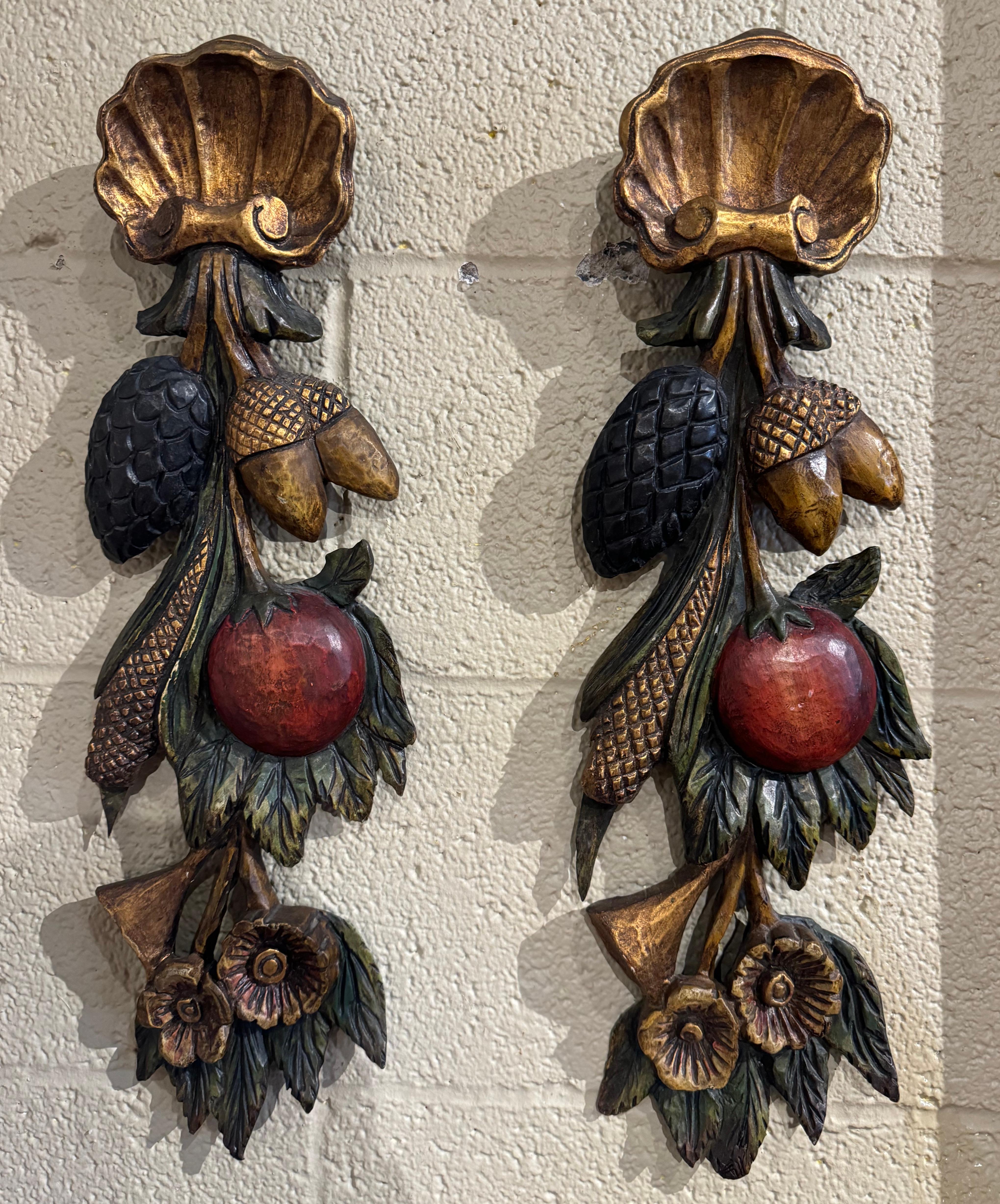 Pair of Mid-Century French Carved Gilt and Polychromed Wall Sculptures In Excellent Condition For Sale In Dallas, TX
