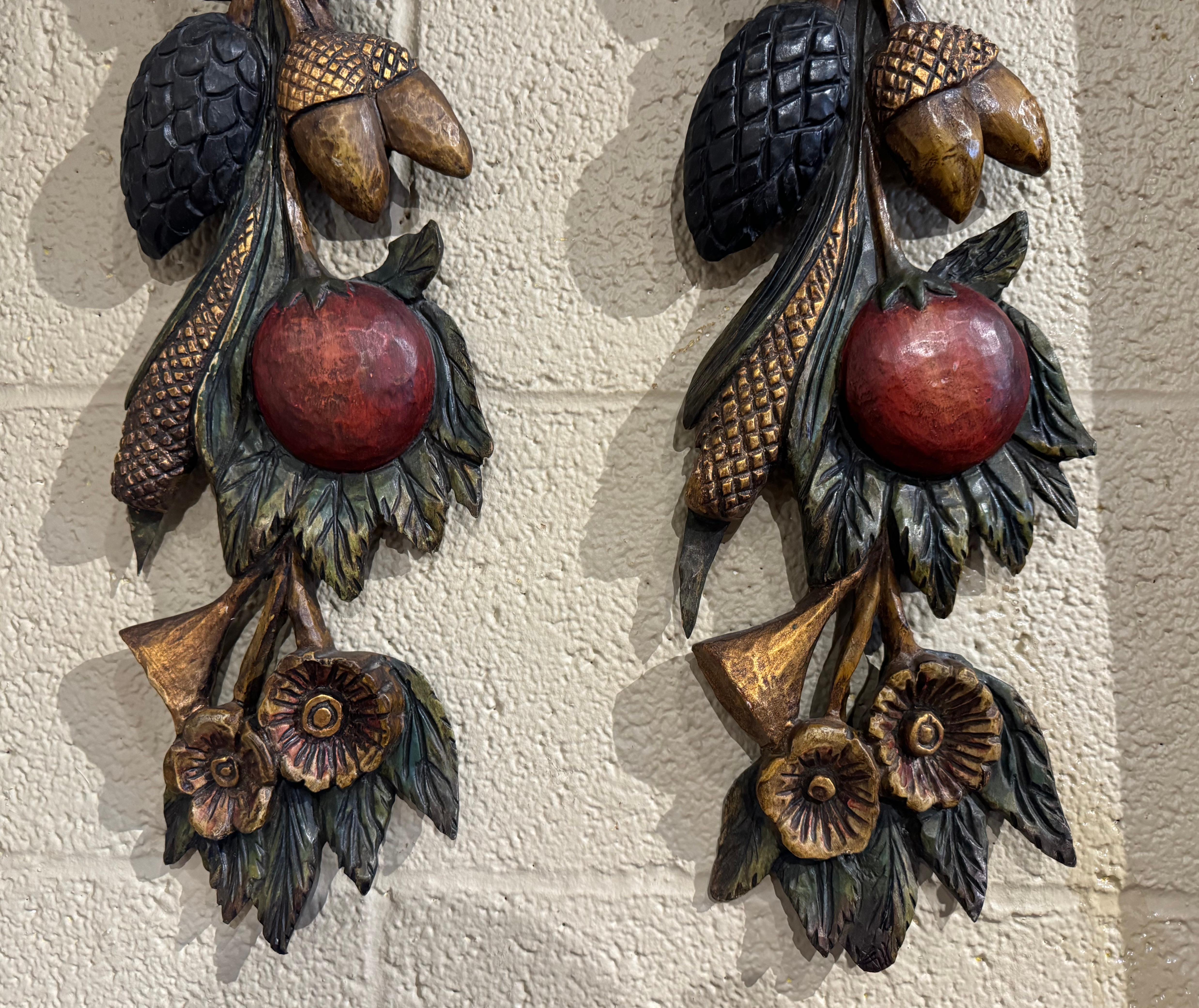 20th Century Pair of Mid-Century French Carved Gilt and Polychromed Wall Sculptures For Sale