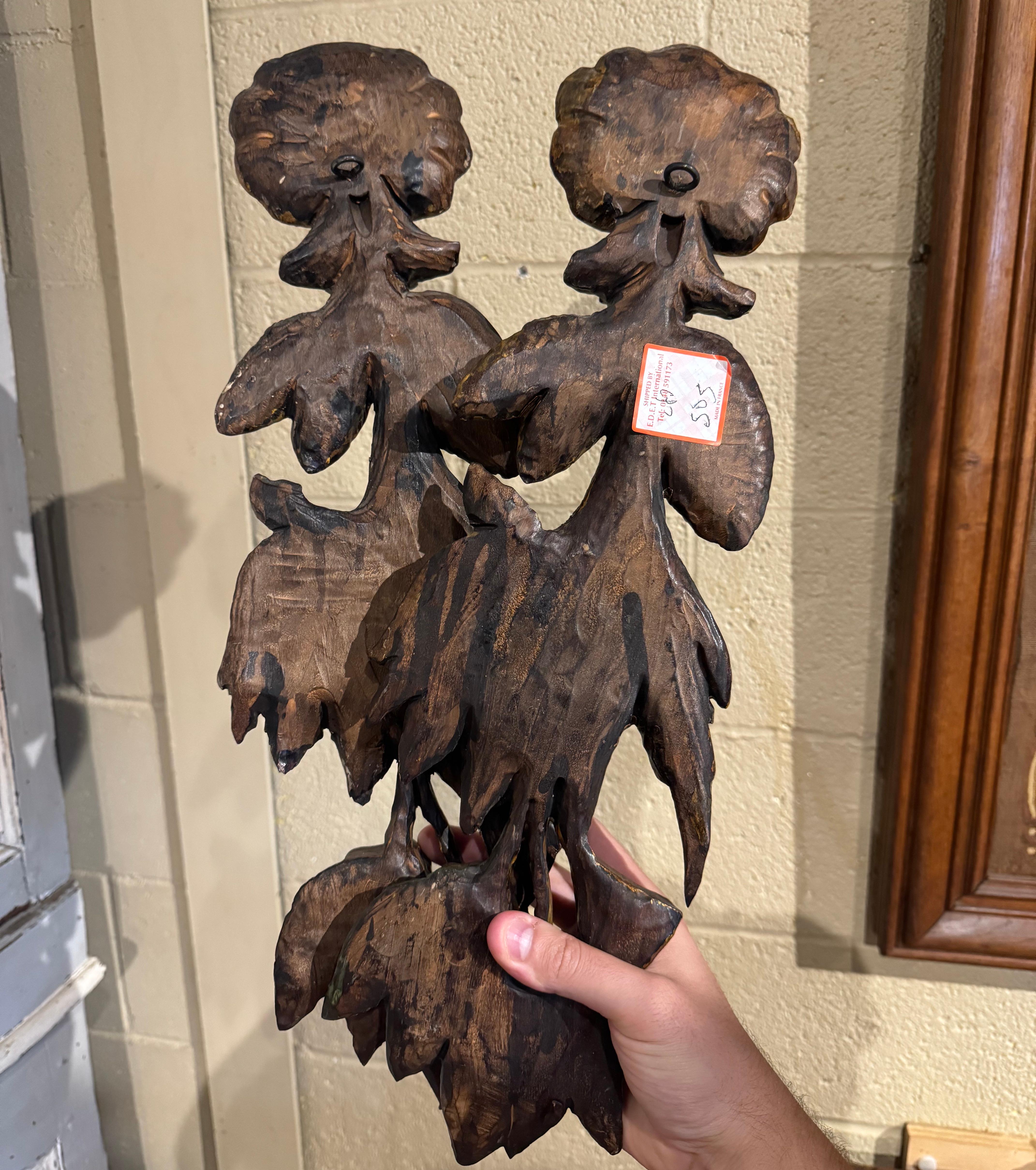 Giltwood Pair of Mid-Century French Carved Gilt and Polychromed Wall Sculptures For Sale