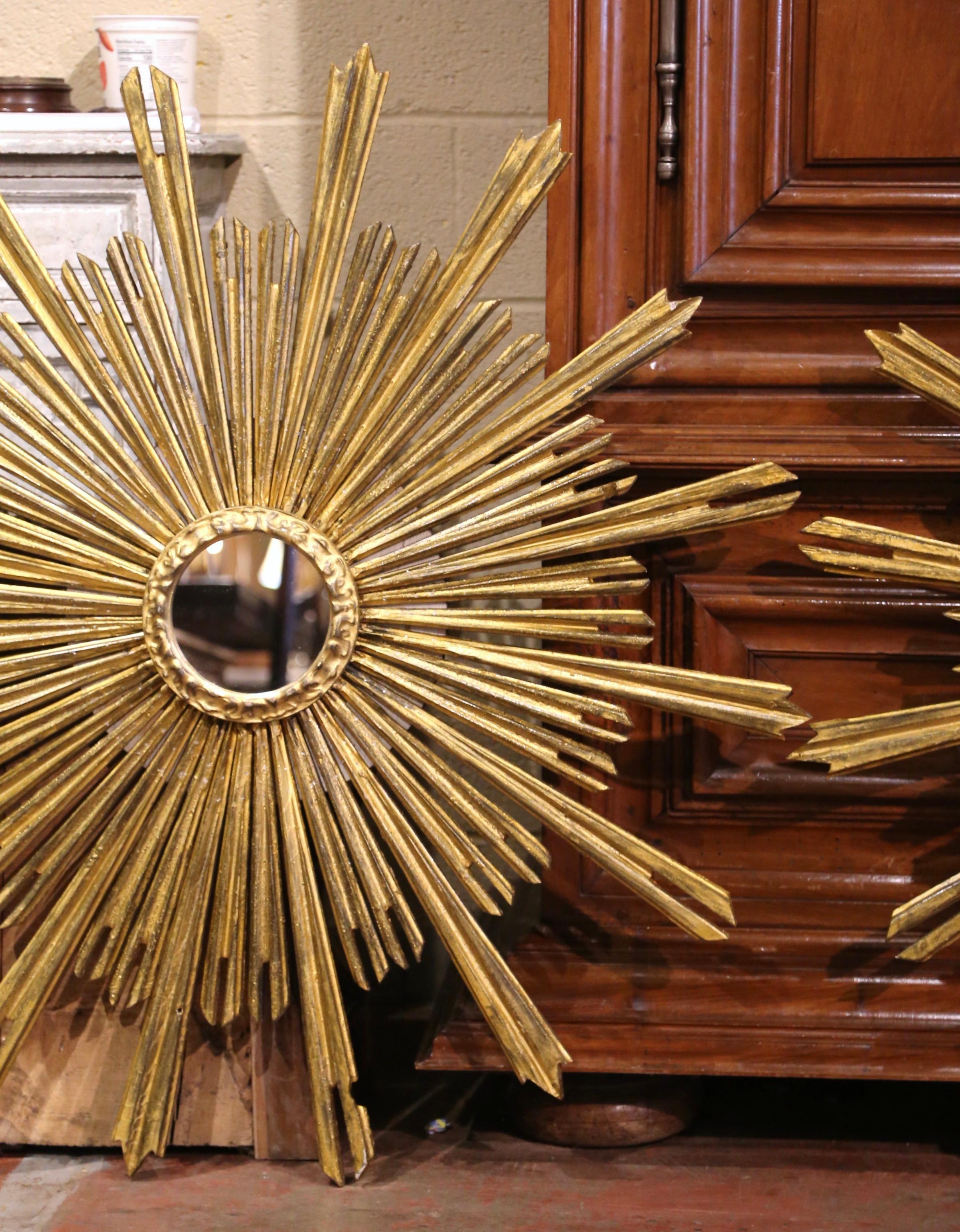 Hand-Carved Pair of Mid-Century French Carved Giltwood Sunburst Mirrors