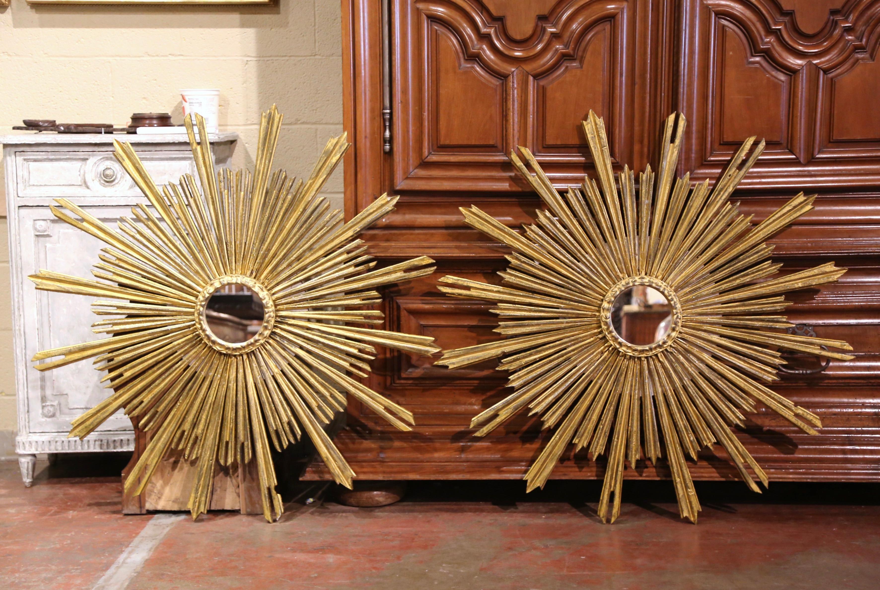 20th Century Pair of Mid-Century French Carved Giltwood Sunburst Mirrors