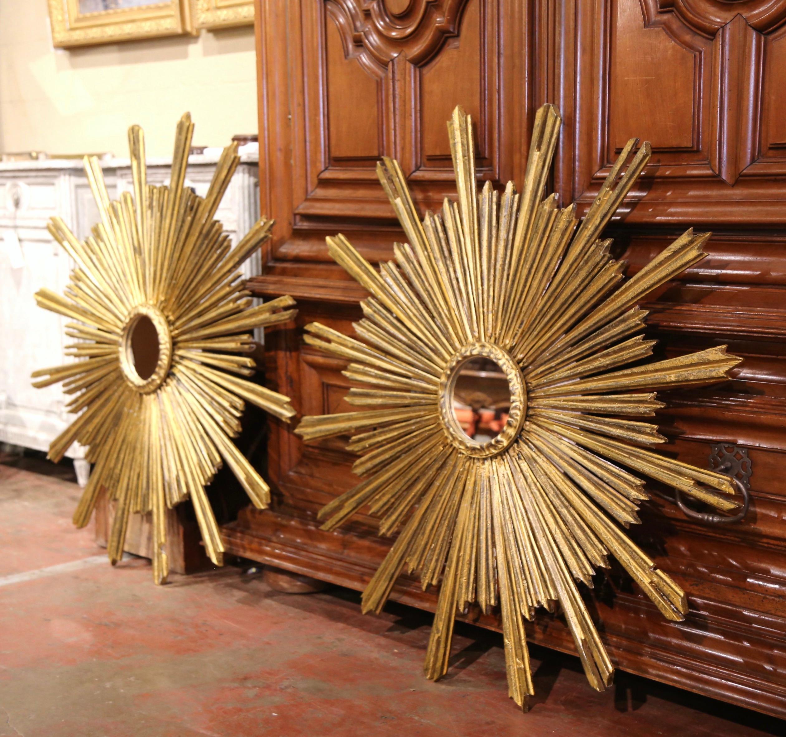 Pair of Mid-Century French Carved Giltwood Sunburst Mirrors 1