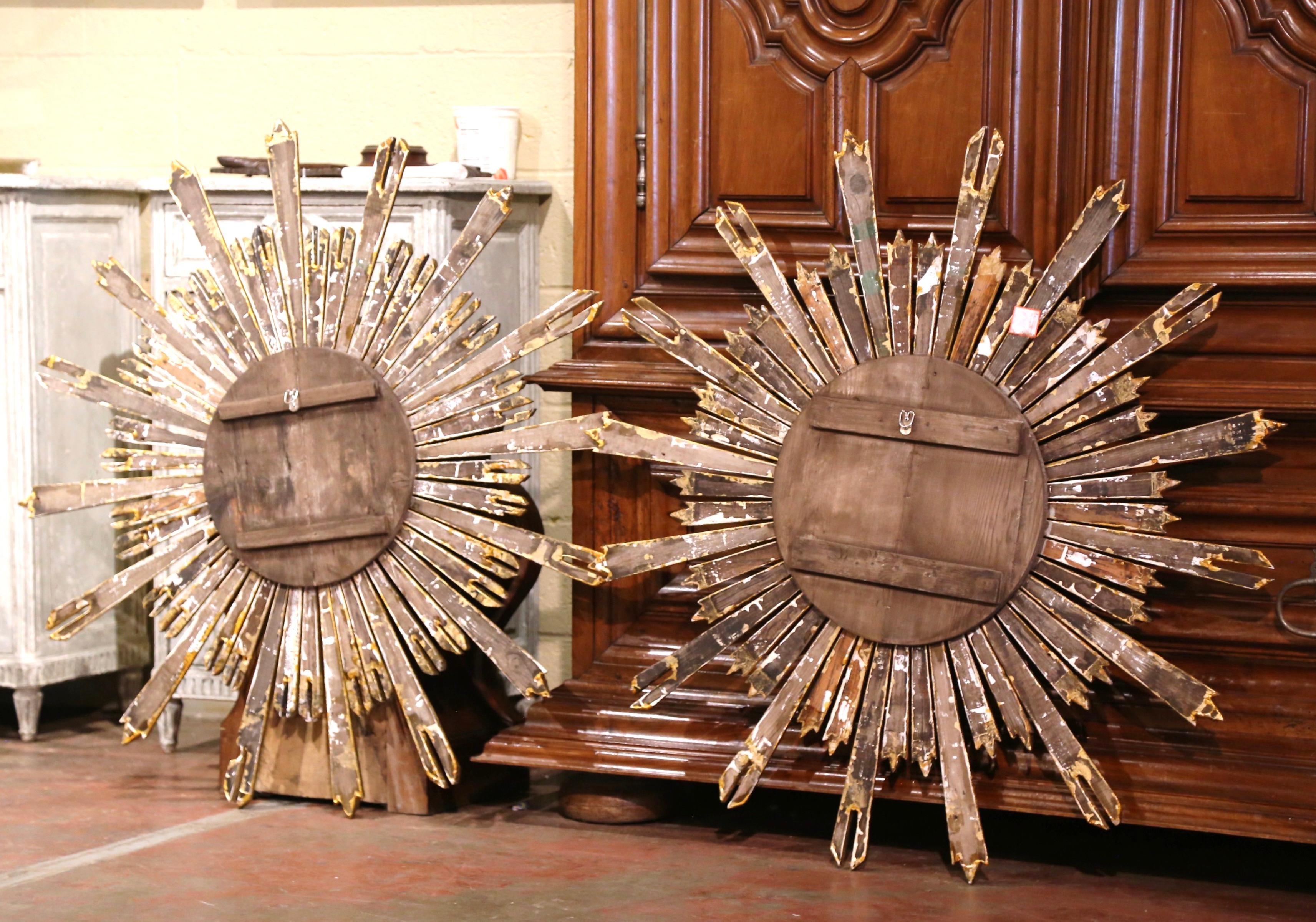 Pair of Mid-Century French Carved Giltwood Sunburst Mirrors 3