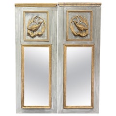 Pair of Mid Century French Carved Painted Trumeaux Mirrors with Pheasant Motifs