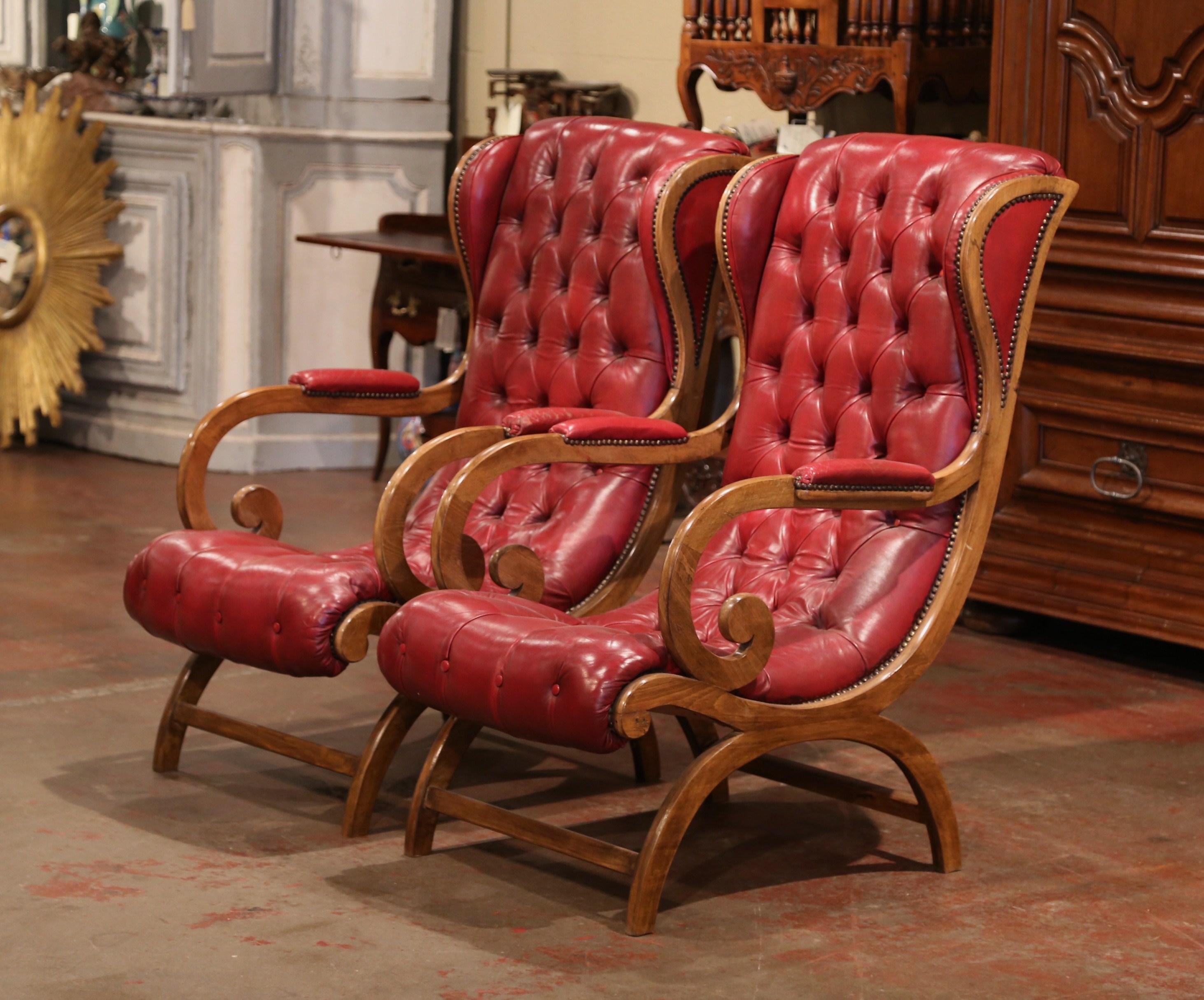 Hand-Carved Pair of Midcentury French Carved Walnut Armchairs with Original Red Leather
