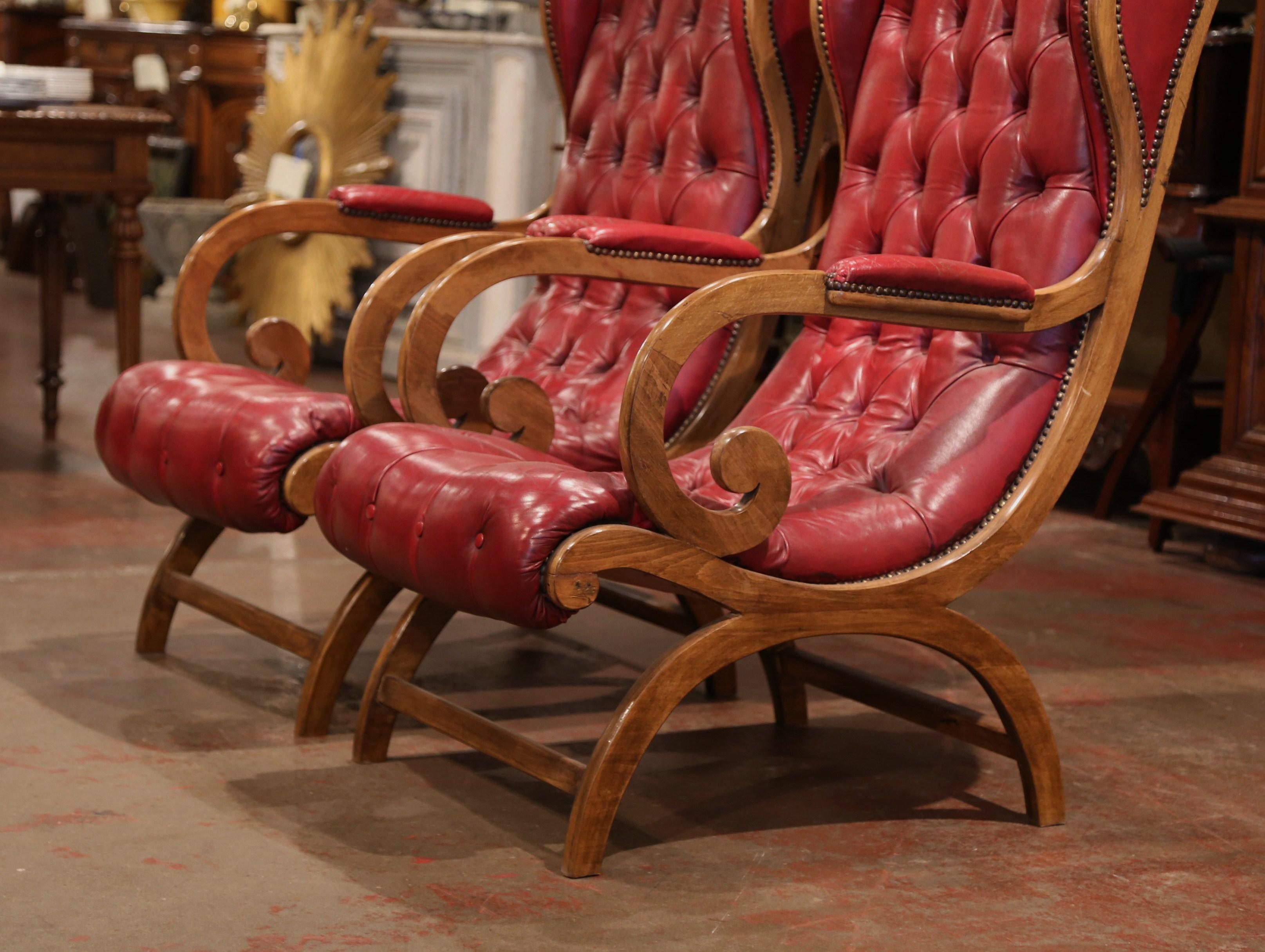 Pair of Midcentury French Carved Walnut Armchairs with Original Red Leather In Excellent Condition In Dallas, TX