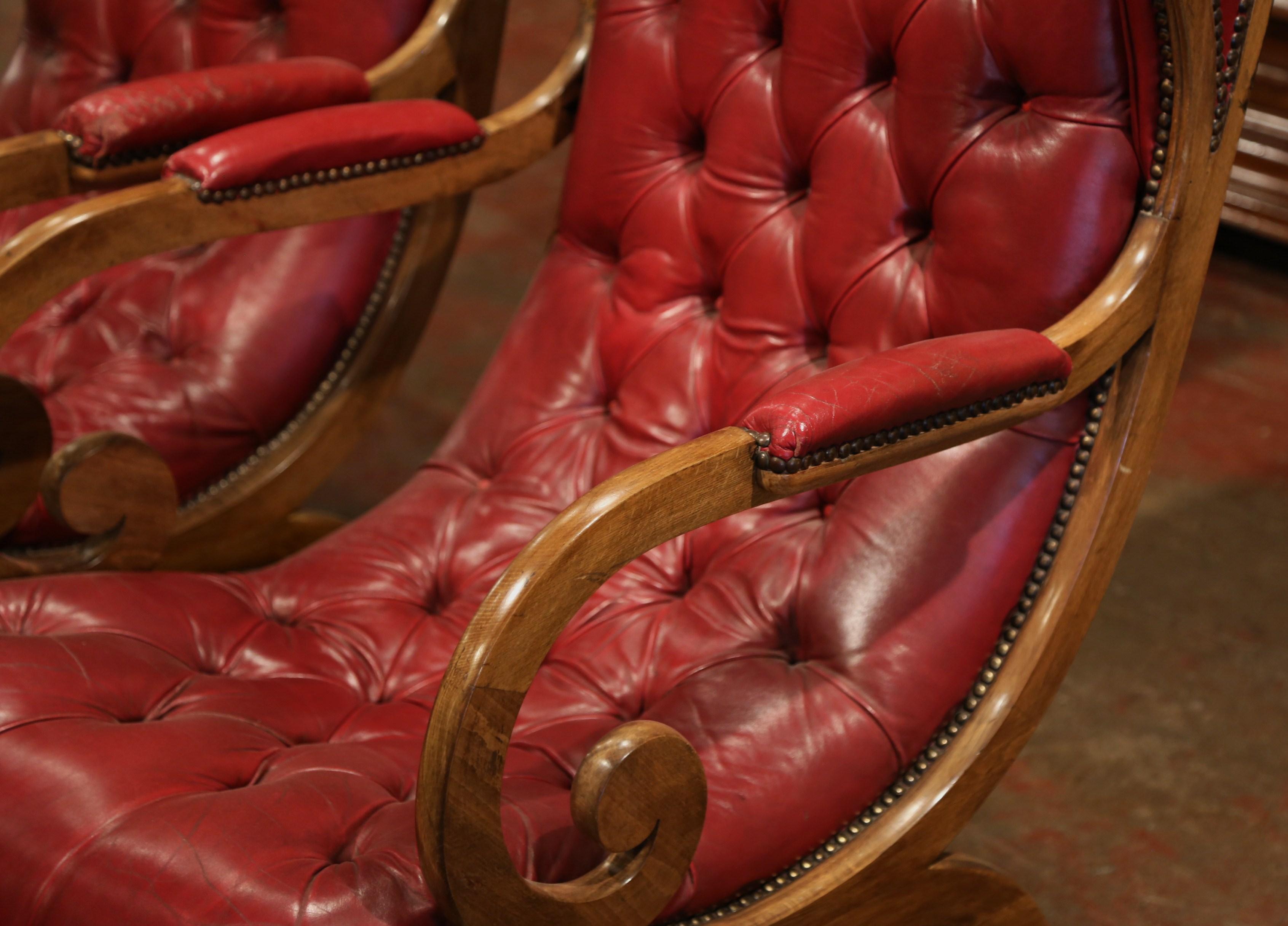 Pair of Midcentury French Carved Walnut Armchairs with Original Red Leather 2
